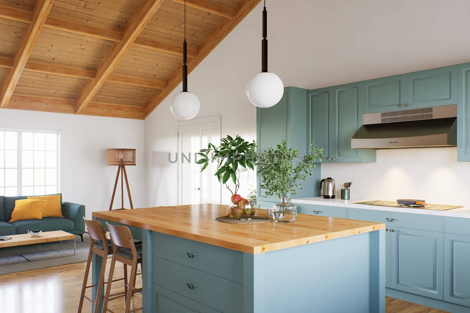 Large U-shaped green kitchen with island and wooden countertop. Kitchen interior with high ceiling and wood in the interior. 3d rendering.