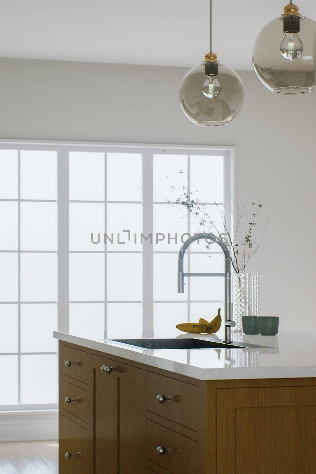 Kitchen wooden island with cabinets and drawers, built-in sink. Kitchen interior with a view of the kitchen island. 3D rendering