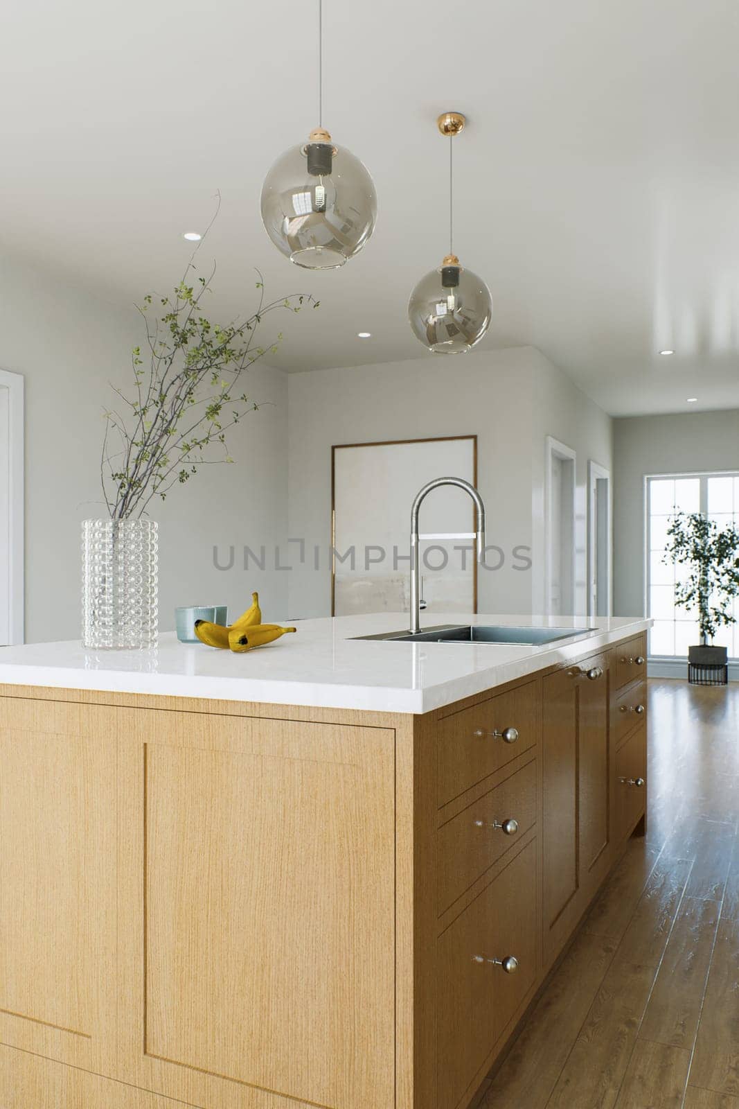 Kitchen wooden island with cabinets and drawers, built-in sink. Kitchen interior with a view of the kitchen island. 3D rendering