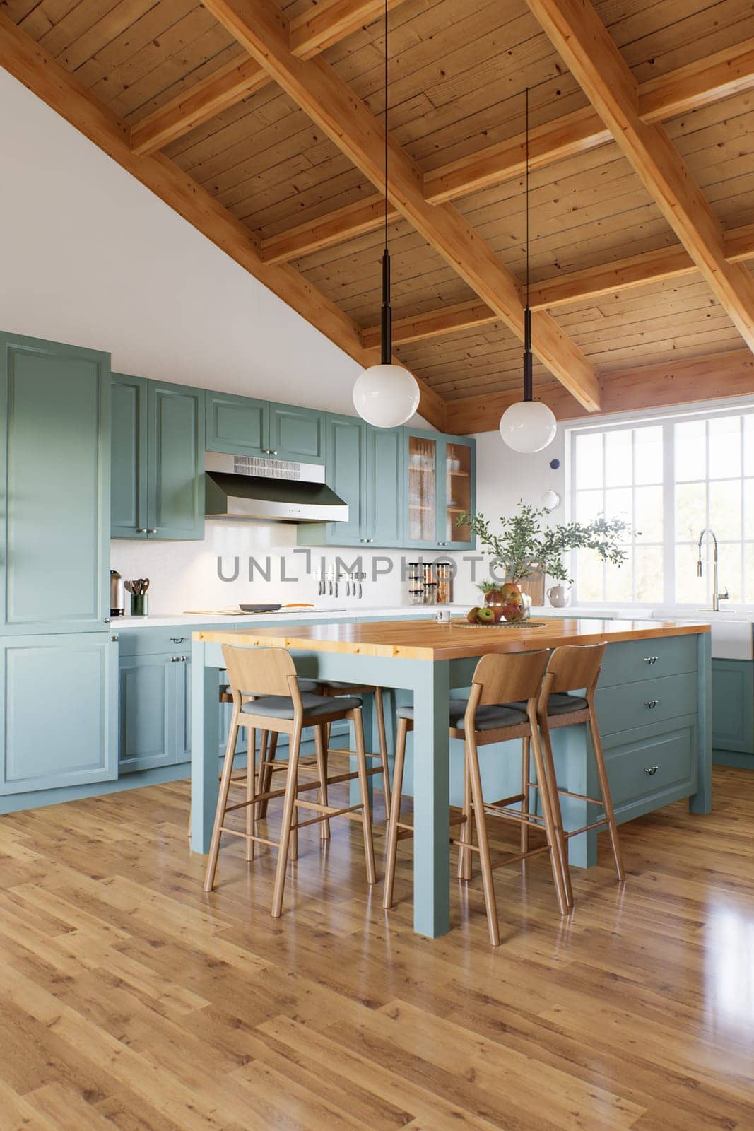 Large U-shaped green kitchen with island and wooden countertop. Kitchen interior with high ceiling and wood in the interior. 3d rendering.