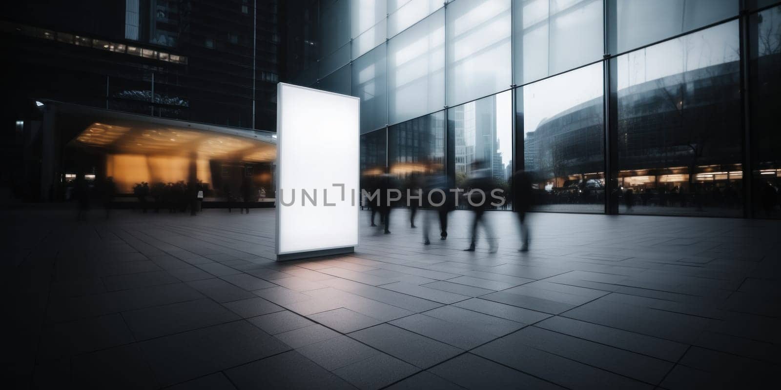 display blank clean screen or signboard mockup for offers or advertisement in public area with blurred people in city. Generative AI by nateemee