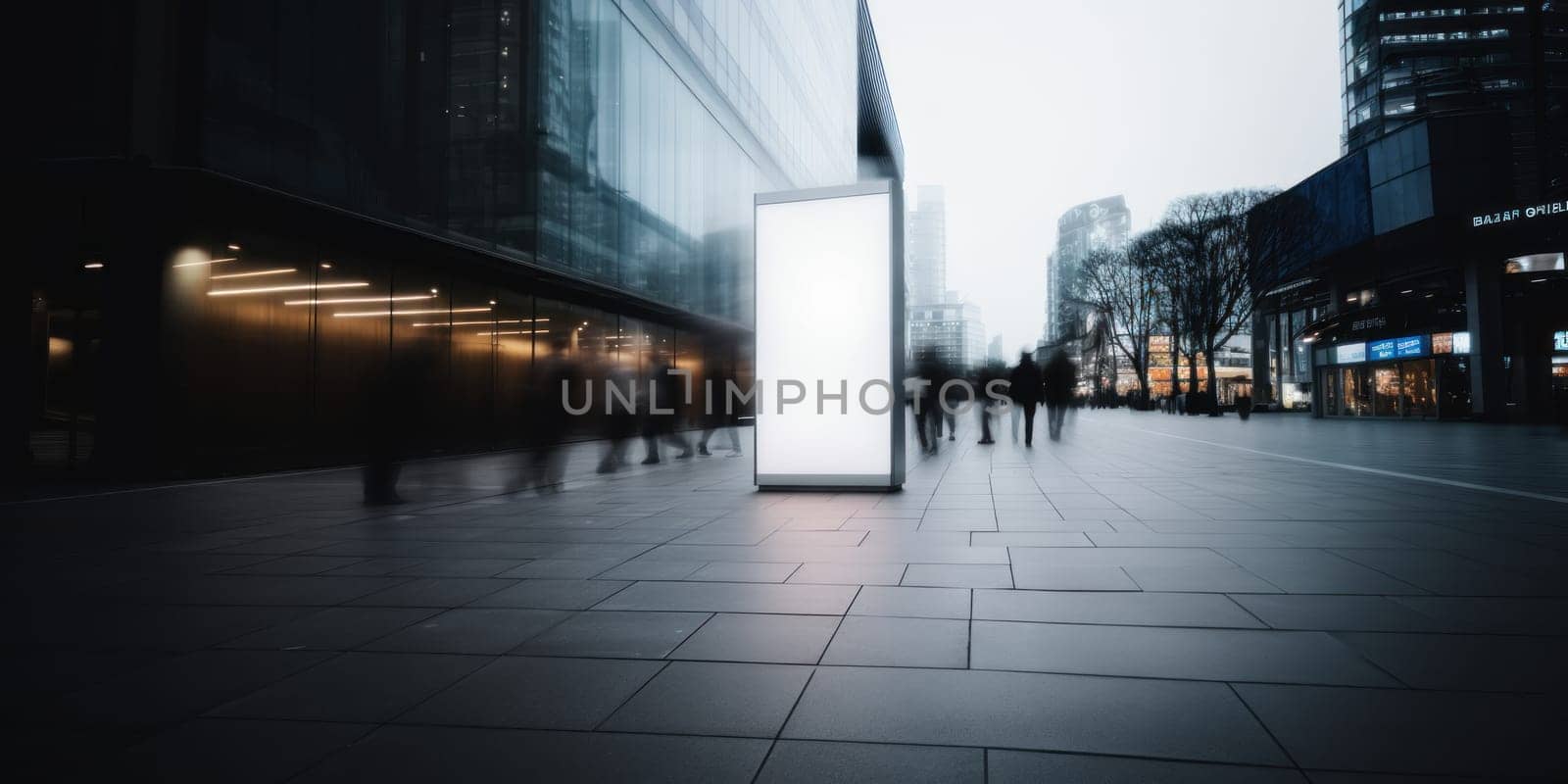 display blank clean screen or signboard mockup for offers or advertisement in public area with blurred people in city. Generative AI.