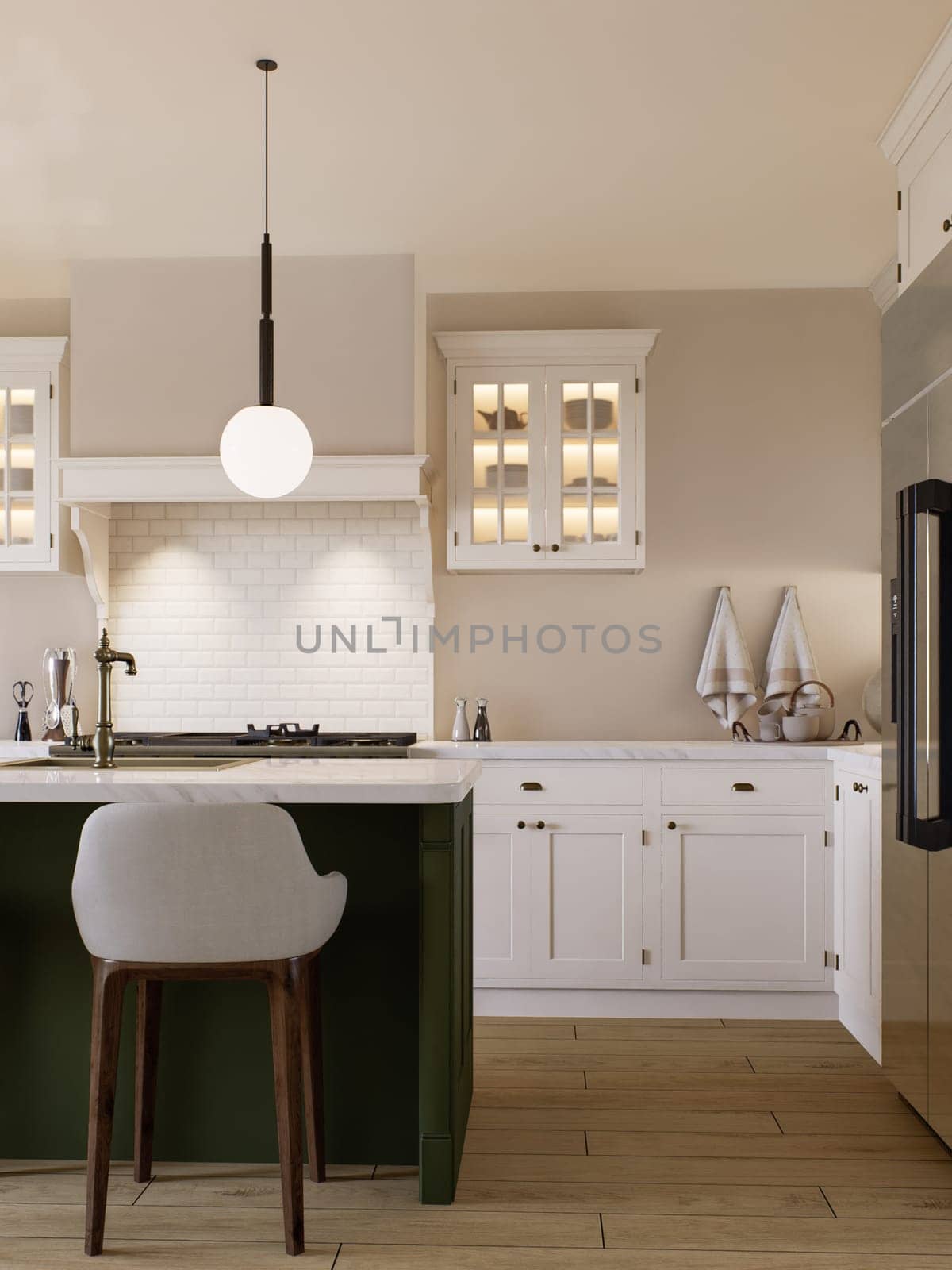 Bright kitchen in warm colors with a green island. by N_Design