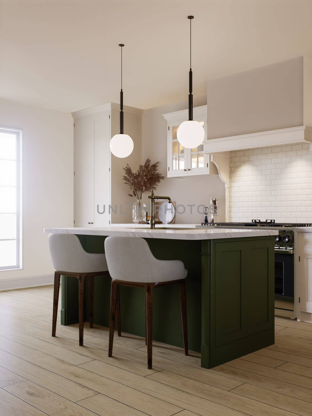 Bright kitchen in warm colors with a green island. by N_Design