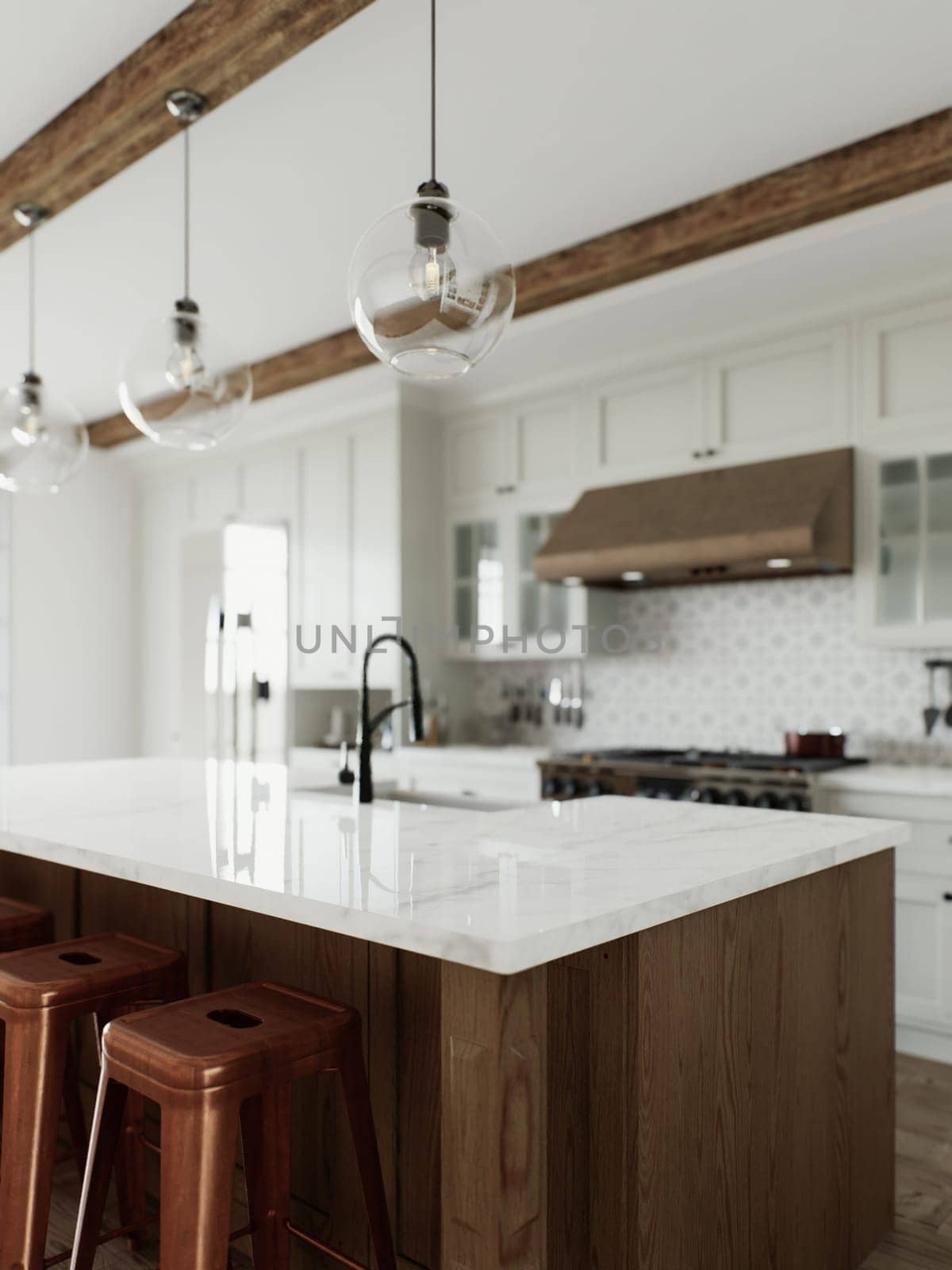 Kitchen with an emphasis on an empty countertop for arranging kitchen utensils. by N_Design