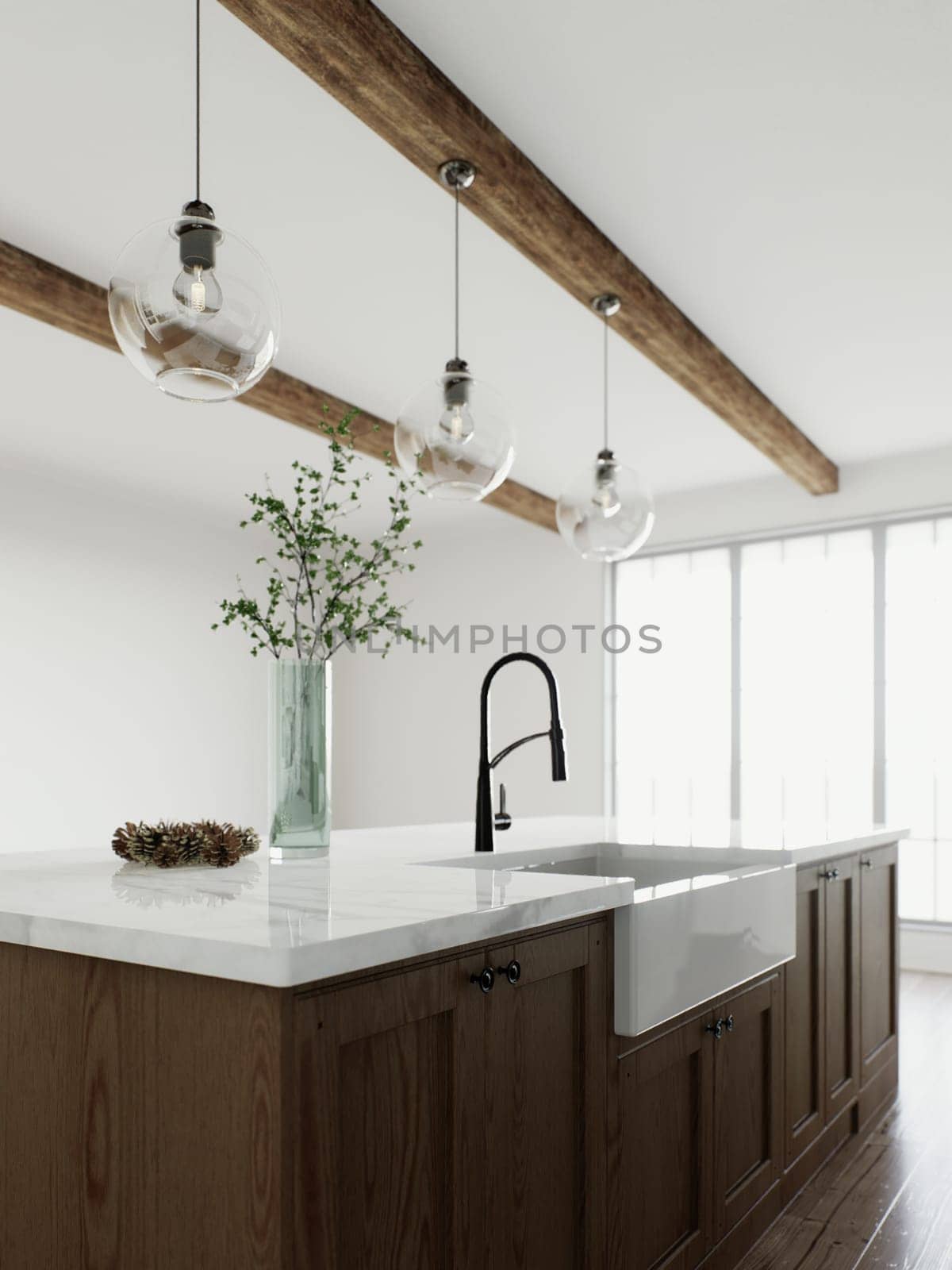 Kitchen interior accented by a kitchen sink on an island. 3D rendering by N_Design