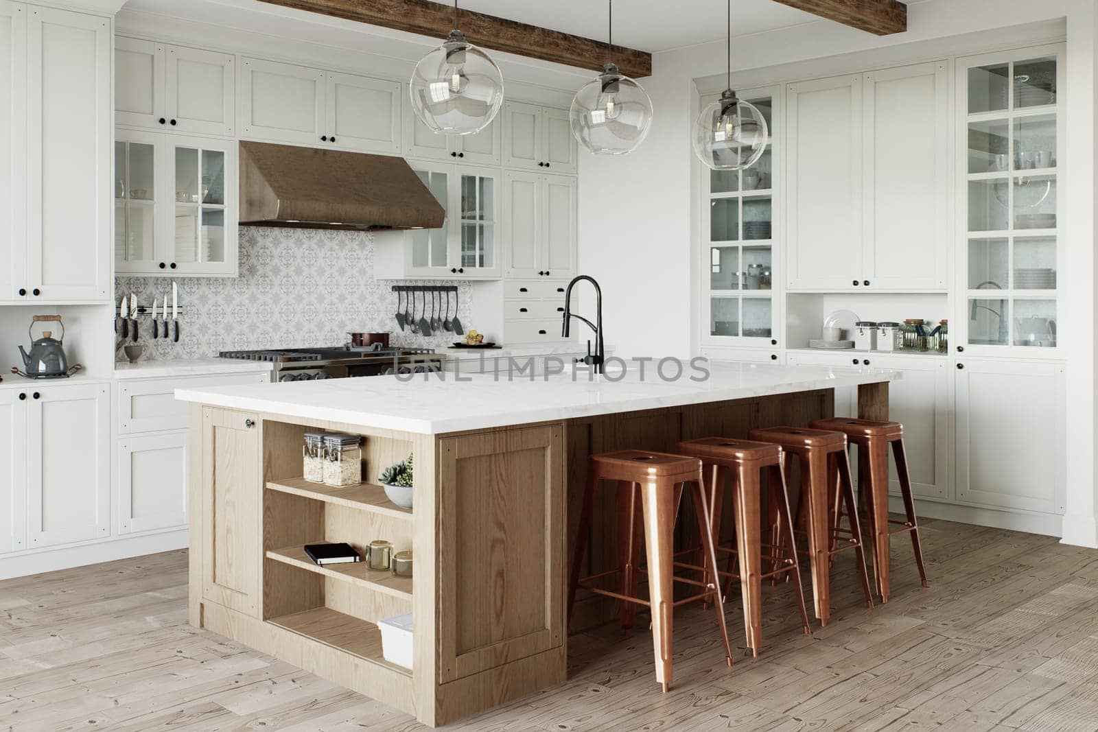 Traditional large L-shaped kitchen with large island and kitchen appliances. by N_Design