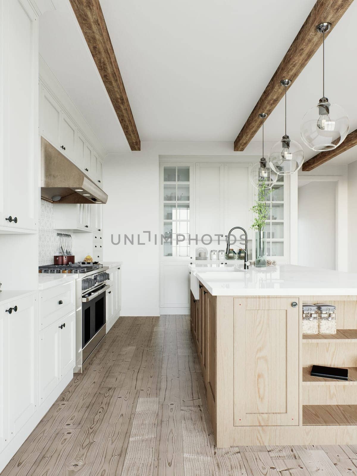 Traditional large L-shaped kitchen with large island and kitchen appliances. Kitchen interior with white cabinets and wooden island. 3D rendering