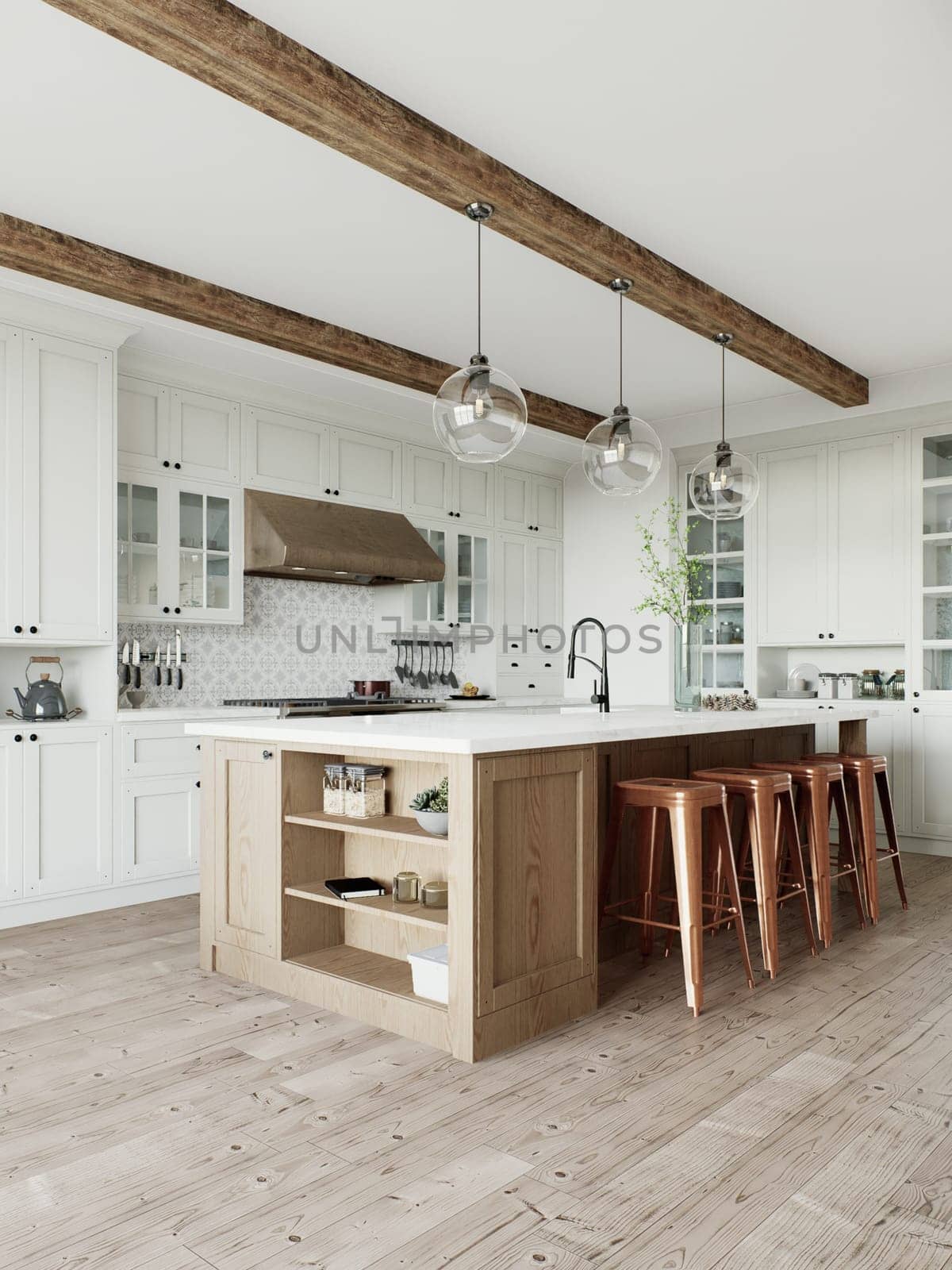 Traditional large L-shaped kitchen with large island and kitchen appliances. by N_Design