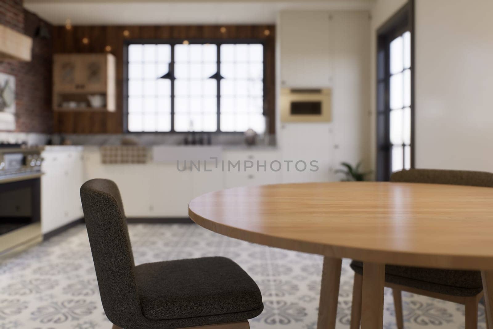 Kitchen with an emphasis on the surface of the kitchen table with a blurred background - a place to place products. L-shaped kitchen with beams and dining table. 3D rendering