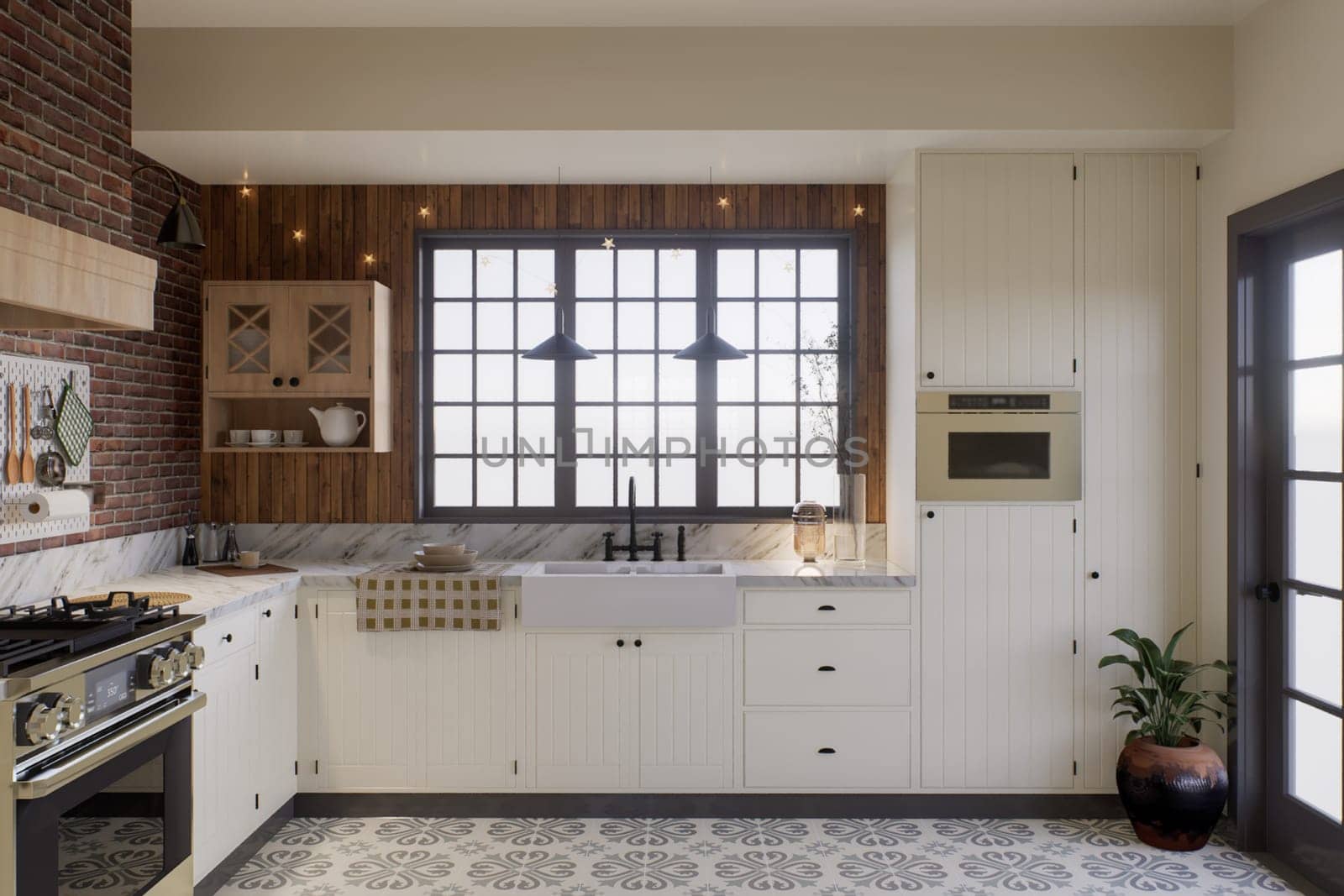 White kitchen with dark red brick, wood, large window and kitchen utensils. L-shaped kitchen with beams and dining table. 3d rendering