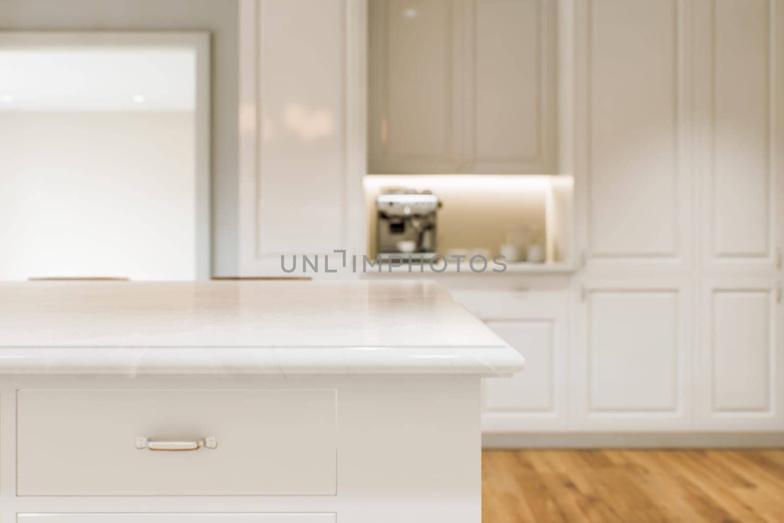 Kitchen white countertop with white marble, with blurred bokeh background. Presentation of goods in the kitchen interior on the countertop surface. 3D rendering