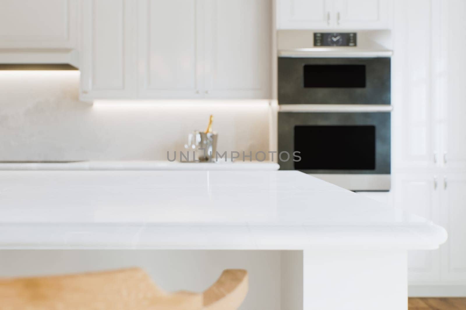Kitchen white countertop with white marble, with blurred bokeh background. Presentation of goods in the kitchen interior on the countertop surface. 3D rendering