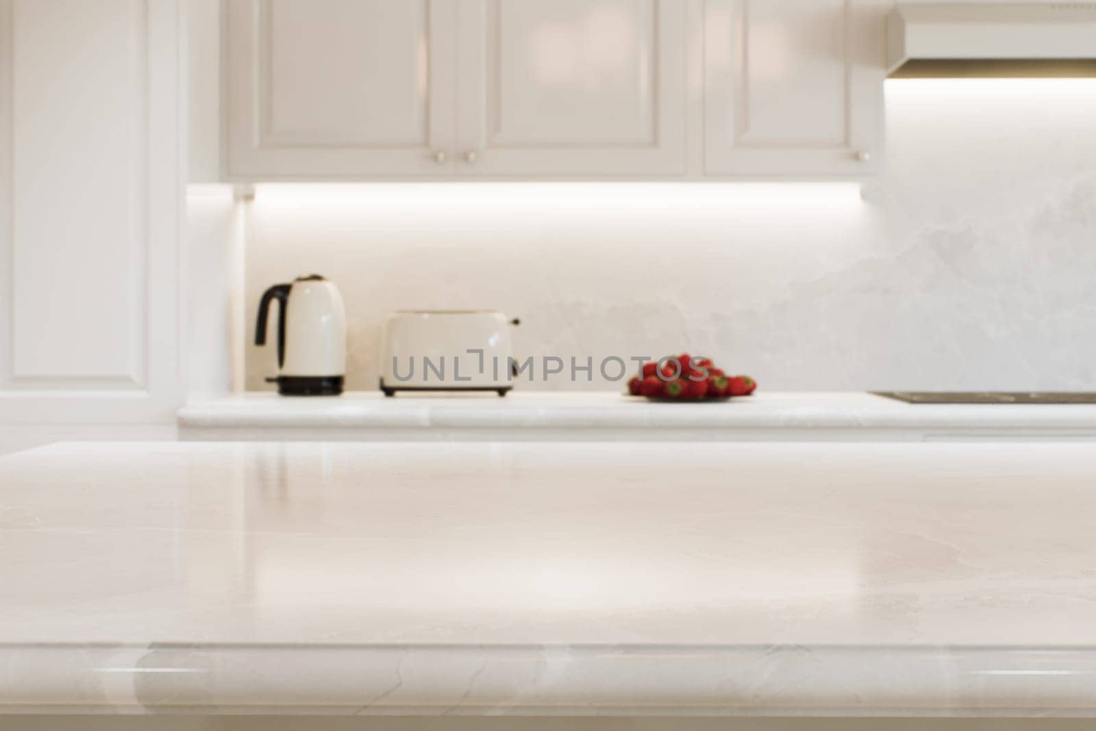 Kitchen white countertop with white marble, with blurred bokeh background. Presentation of goods in the kitchen interior on the countertop surface. 3D rendering