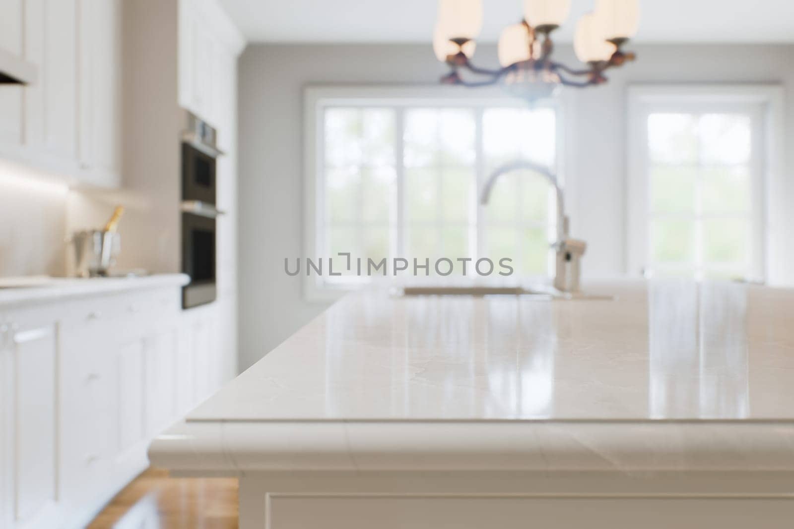 Kitchen white countertop with white marble, with blurred bokeh background. Presentation of goods in the kitchen interior on the countertop surface. 3D rendering