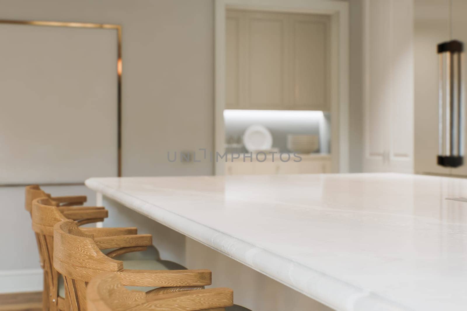 Kitchen white countertop with white marble, with blurred bokeh background. Presentation of goods in the kitchen interior on the countertop surface. 3D rendering