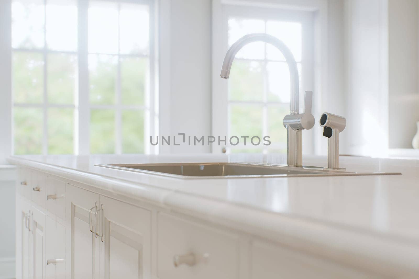 Kitchen white countertop with white marble, with blurred bokeh background. Presentation of goods in the kitchen interior on the countertop surface. 3D rendering