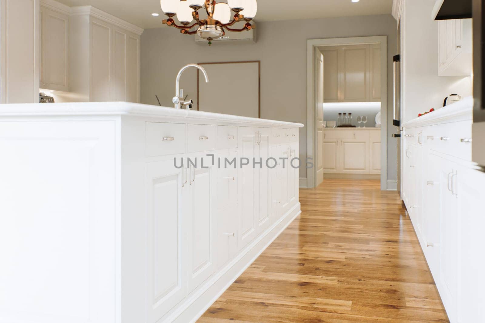 Traditional white kitchen with long island and wooden chairs with varnished wood flooring. Classic kitchen with large chandeliers and kitchen appliances. 3d rendering