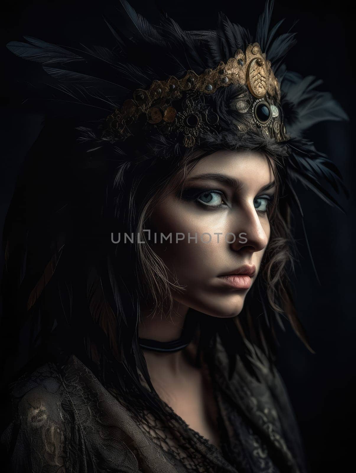 Gothic Fantasy. A romantic and mystical portrait of a young woman with bird feather jewellery in a dark sombre tone