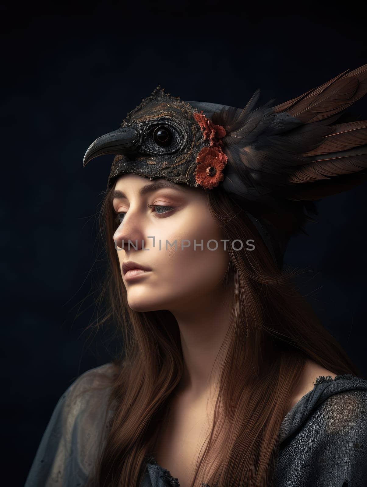 Gothic Fantasy. A romantic and mystical portrait of a young woman with bird feather jewellery in a dark sombre tone