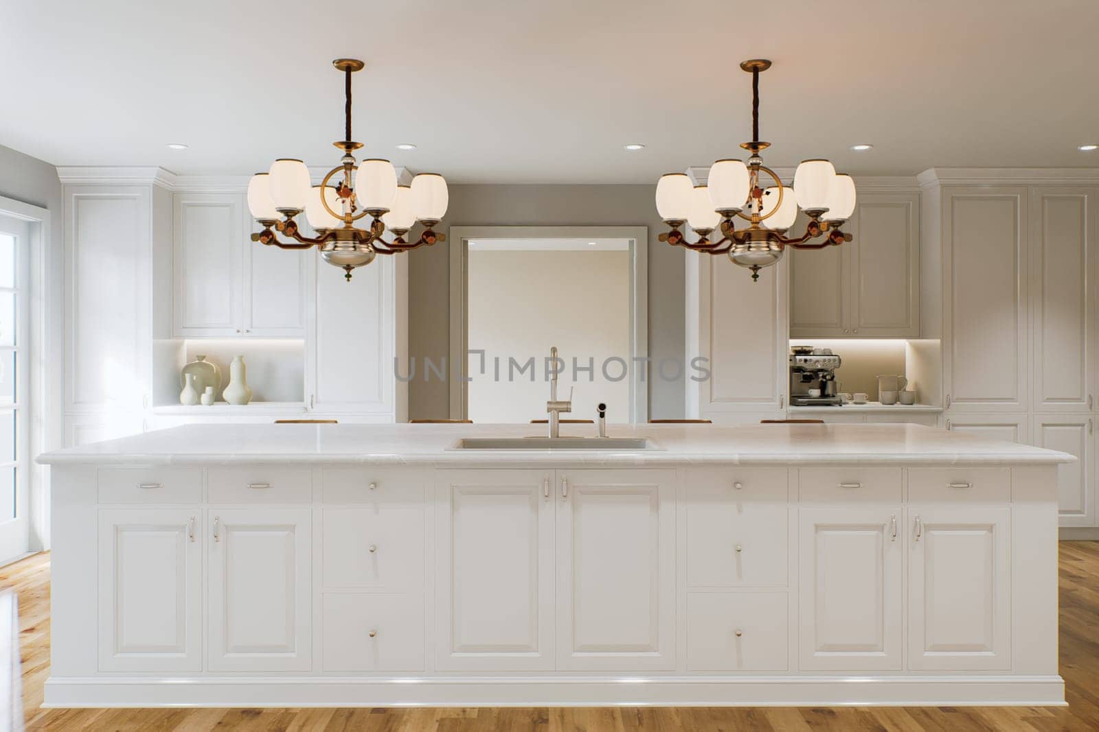 Traditional white kitchen with long island and wooden chairs with varnished wood flooring. Classic kitchen with large chandeliers and kitchen appliances. 3d rendering