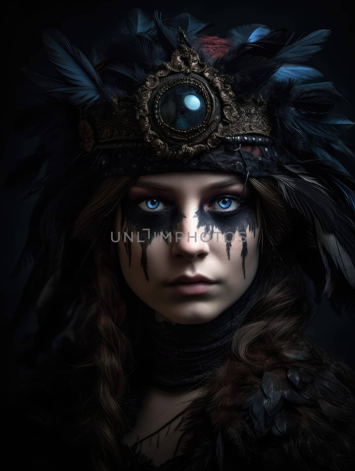 Gothic Fantasy. A romantic and mystical portrait of a young woman with bird feather jewellery in a dark sombre tone