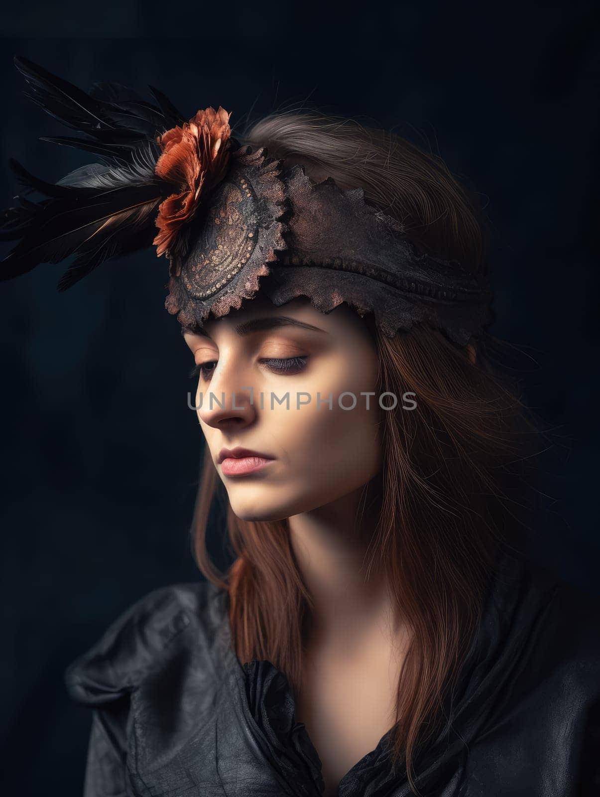Gothic Fantasy. A romantic and mystical portrait of a young woman with bird feather jewellery in a dark sombre tone