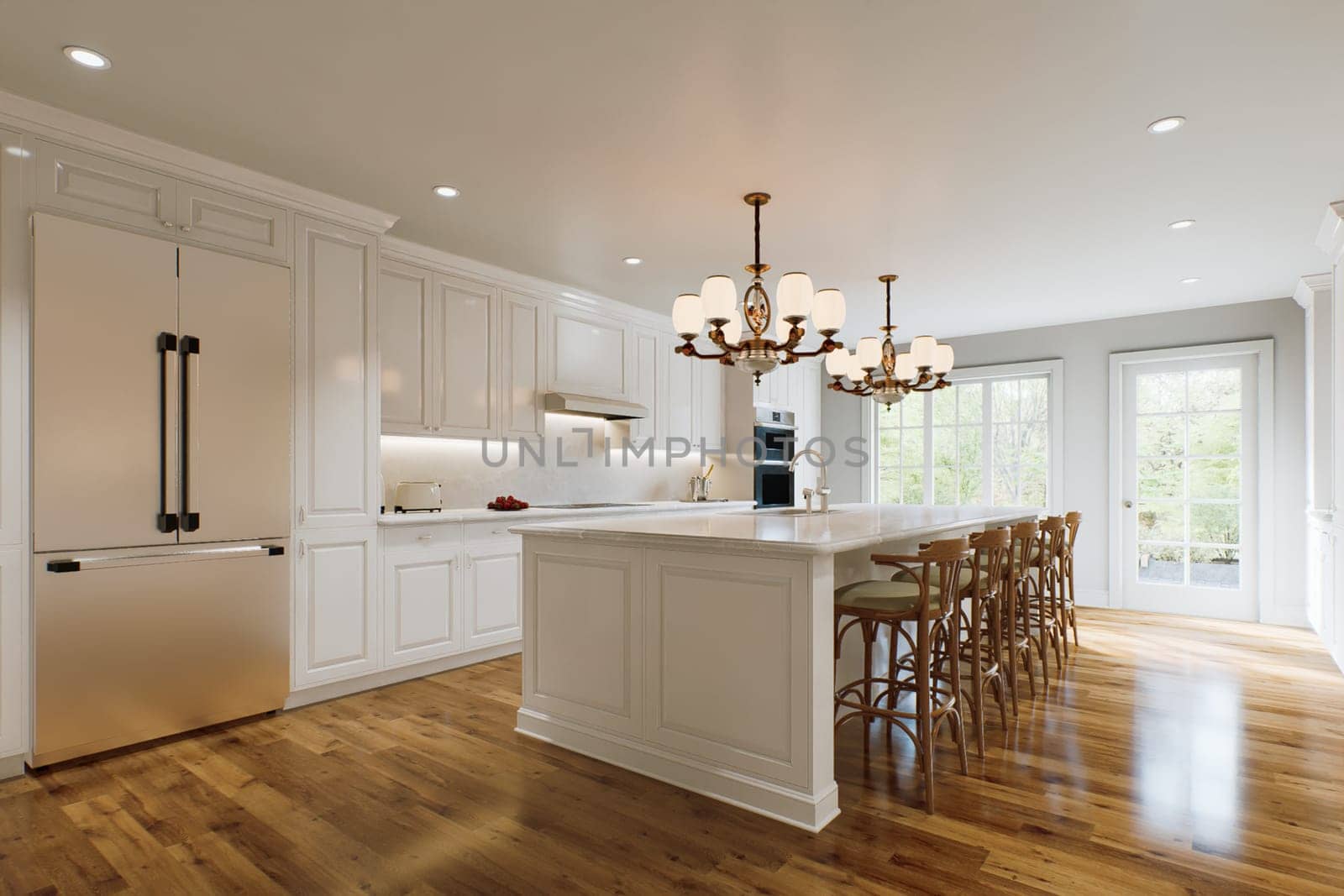 Traditional white kitchen with long island and wooden chairs with varnished wood flooring. by N_Design