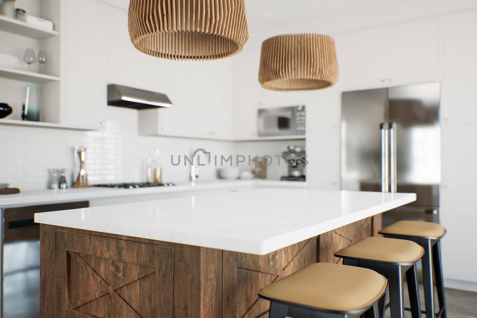 White kitchen with wood island and patterned wood fixtures with kitchen appliances and utensils. Stylish kitchen in traditional style. 3D rendering