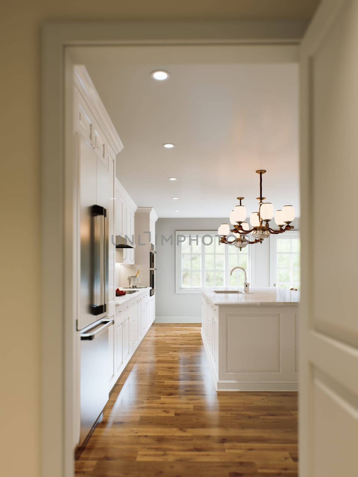 Traditional white kitchen with long island and wooden chairs with varnished wood flooring. Classic kitchen with large chandeliers and kitchen appliances. 3d rendering