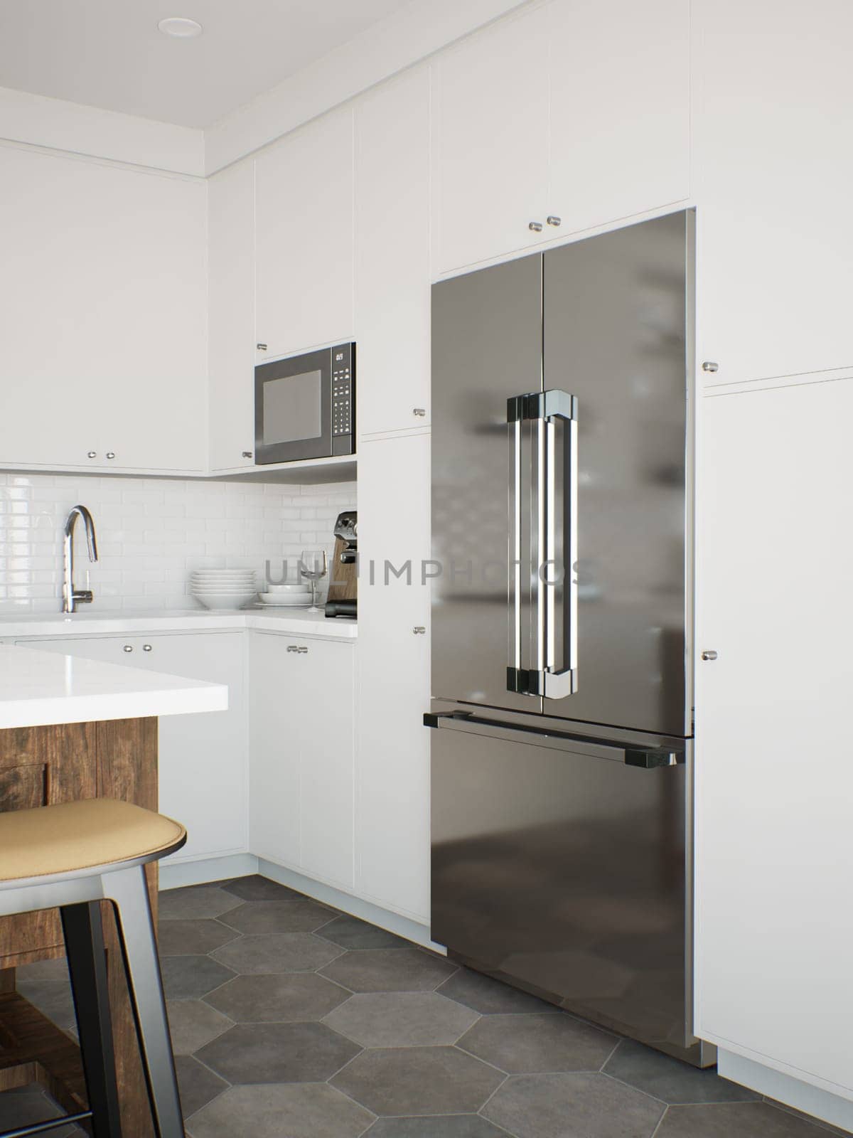 White kitchen with refrigerator and kitchen utensils. Stylish kitchen in traditional style. 3D rendering