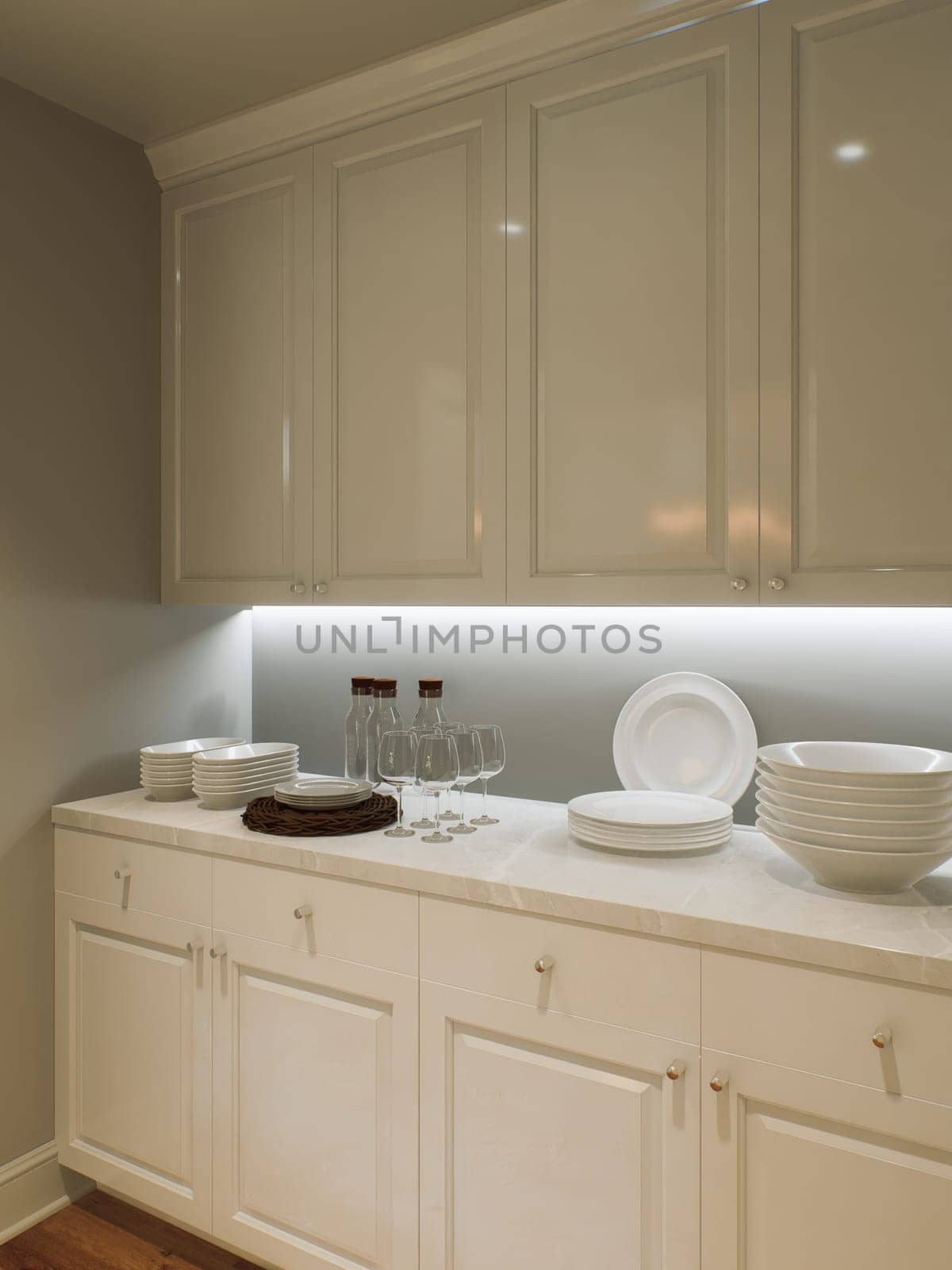 Kitchen pantry with white cabinets and utensils. by N_Design
