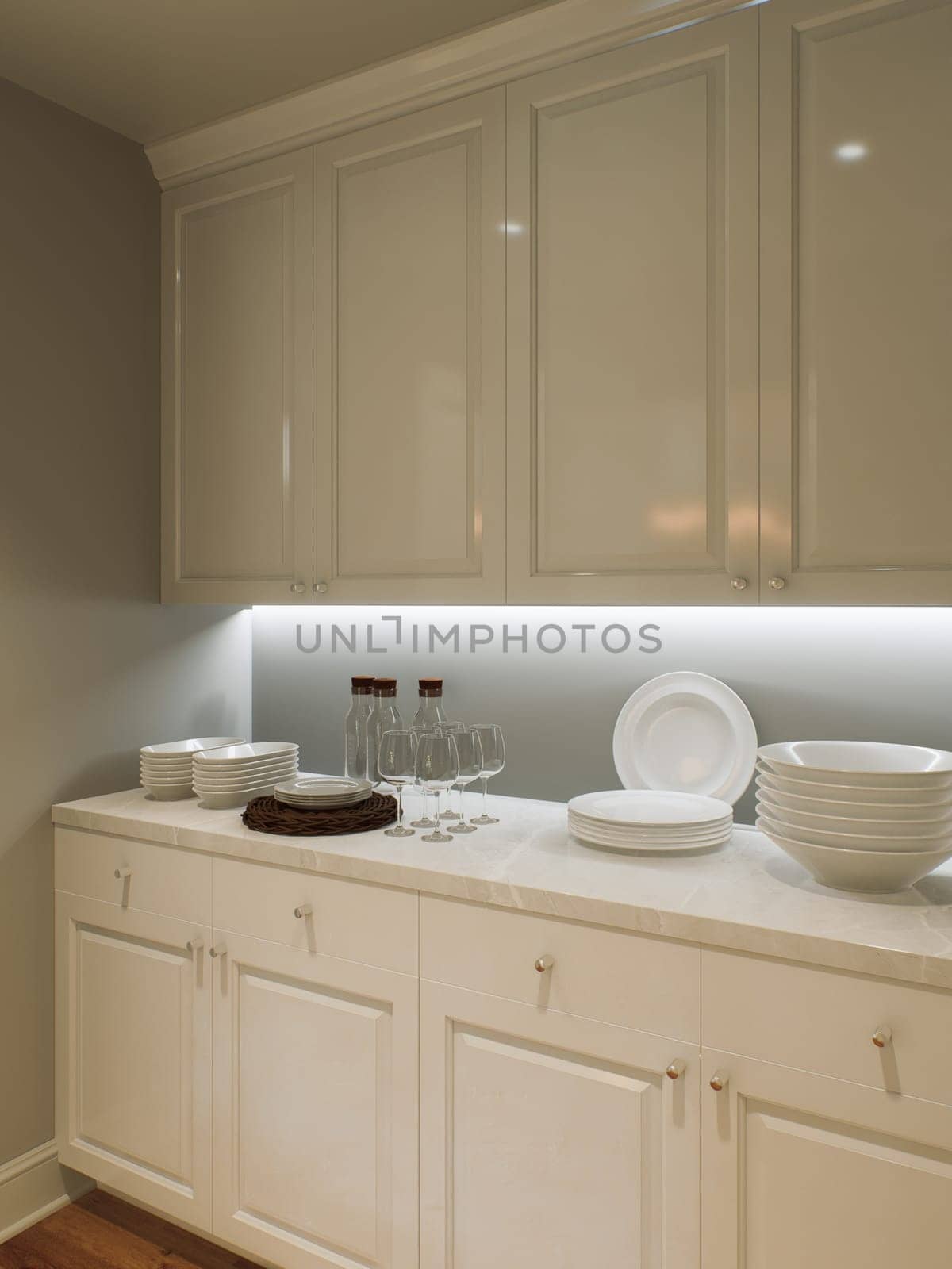 Kitchen pantry with white cabinets and utensils. Separate room in the kitchen. 3D rendering