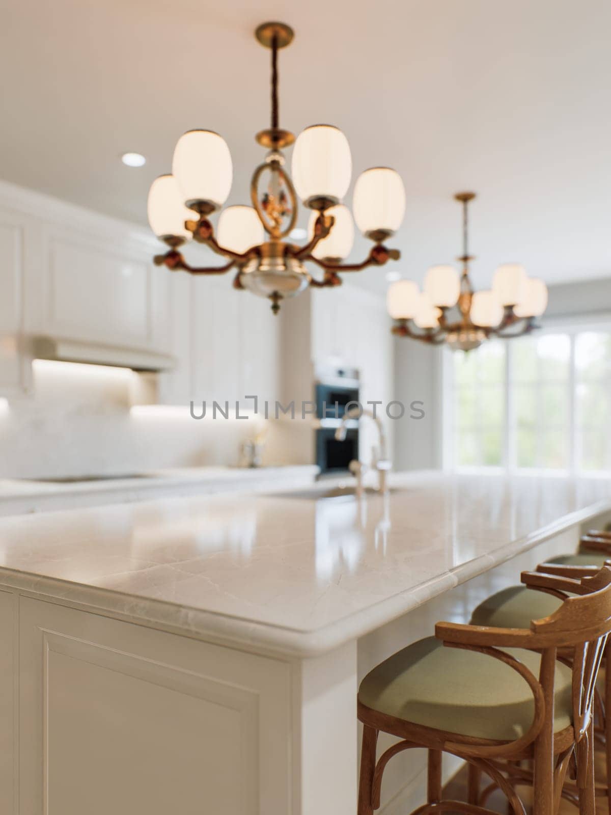 Kitchen white countertop with white marble, with blurred bokeh background. Presentation of goods in the kitchen interior on the countertop surface. 3D rendering