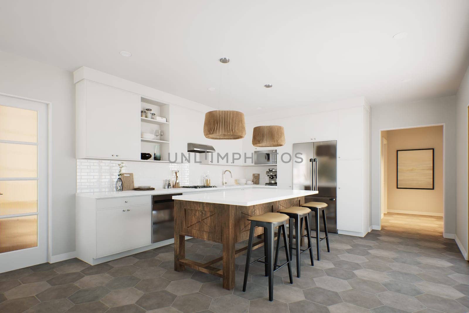 White kitchen with wood island and patterned wood fixtures with kitchen appliances and utensils. Stylish kitchen in traditional style. 3D rendering