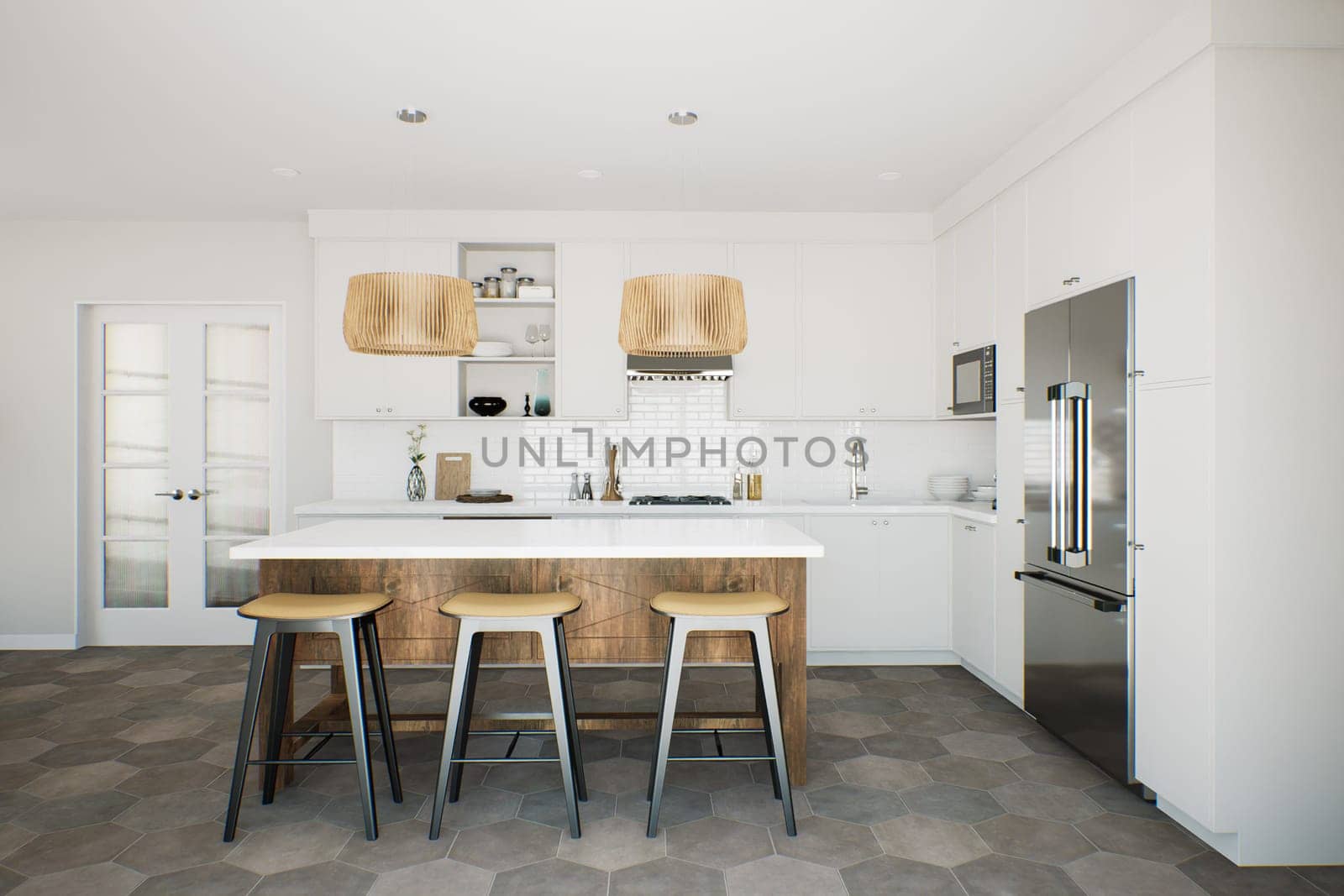 White kitchen with wood island and patterned wood fixtures with kitchen appliances and utensils. Stylish kitchen in traditional style. 3D rendering