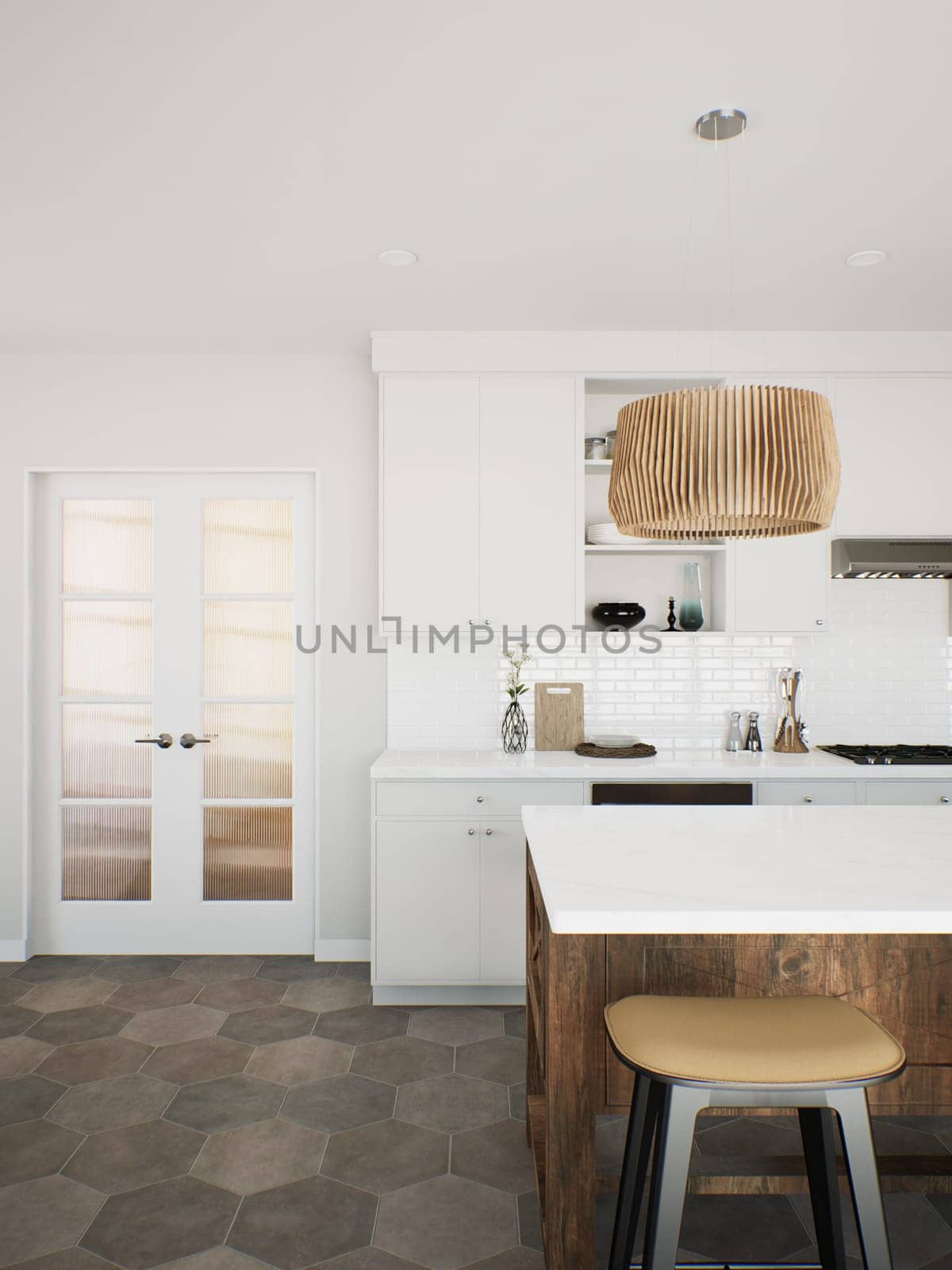 White kitchen with wood island and patterned wood fixtures with kitchen appliances and utensils. by N_Design