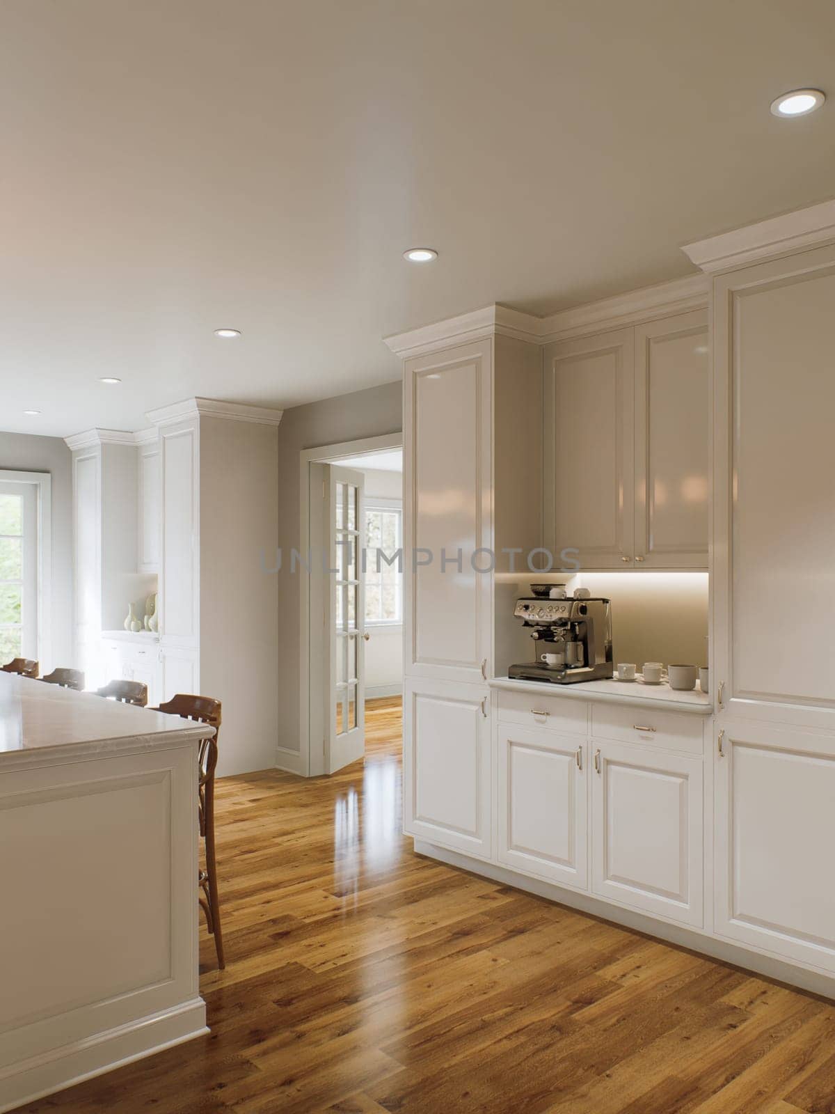 Traditional white kitchen with long island and wooden chairs with varnished wood flooring. Classic kitchen with large chandeliers and kitchen appliances. 3d rendering