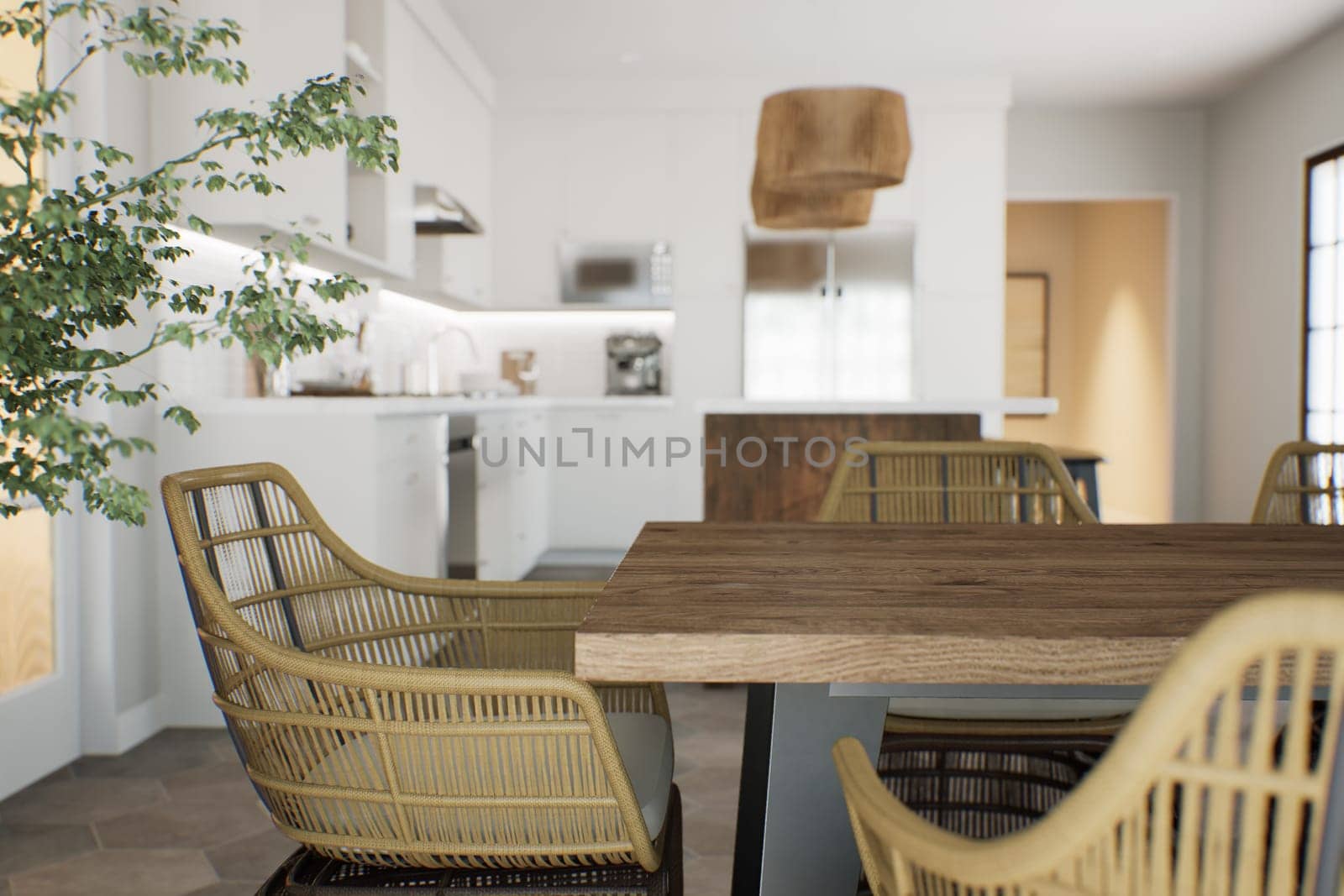 Focus on dining wooden table, empty space for your goods. White kitchen in the background with appliances and utensils. 3d rendering by N_Design