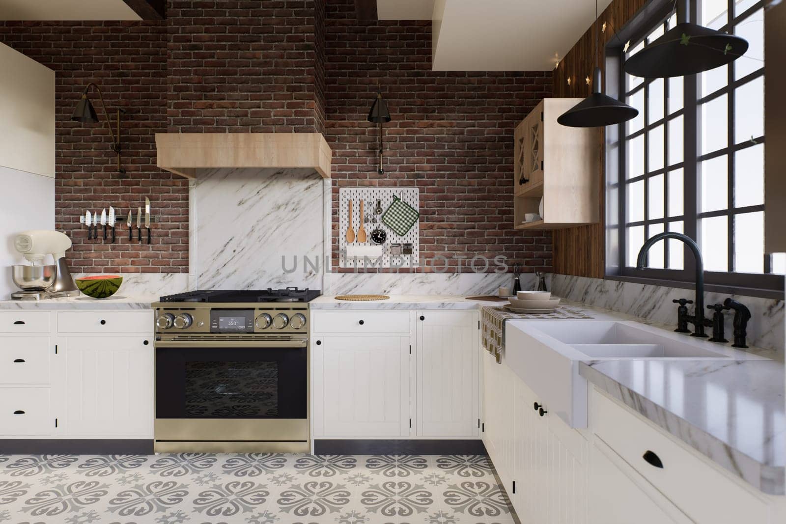 White kitchen with dark red brick, wood, large window and kitchen utensils. by N_Design