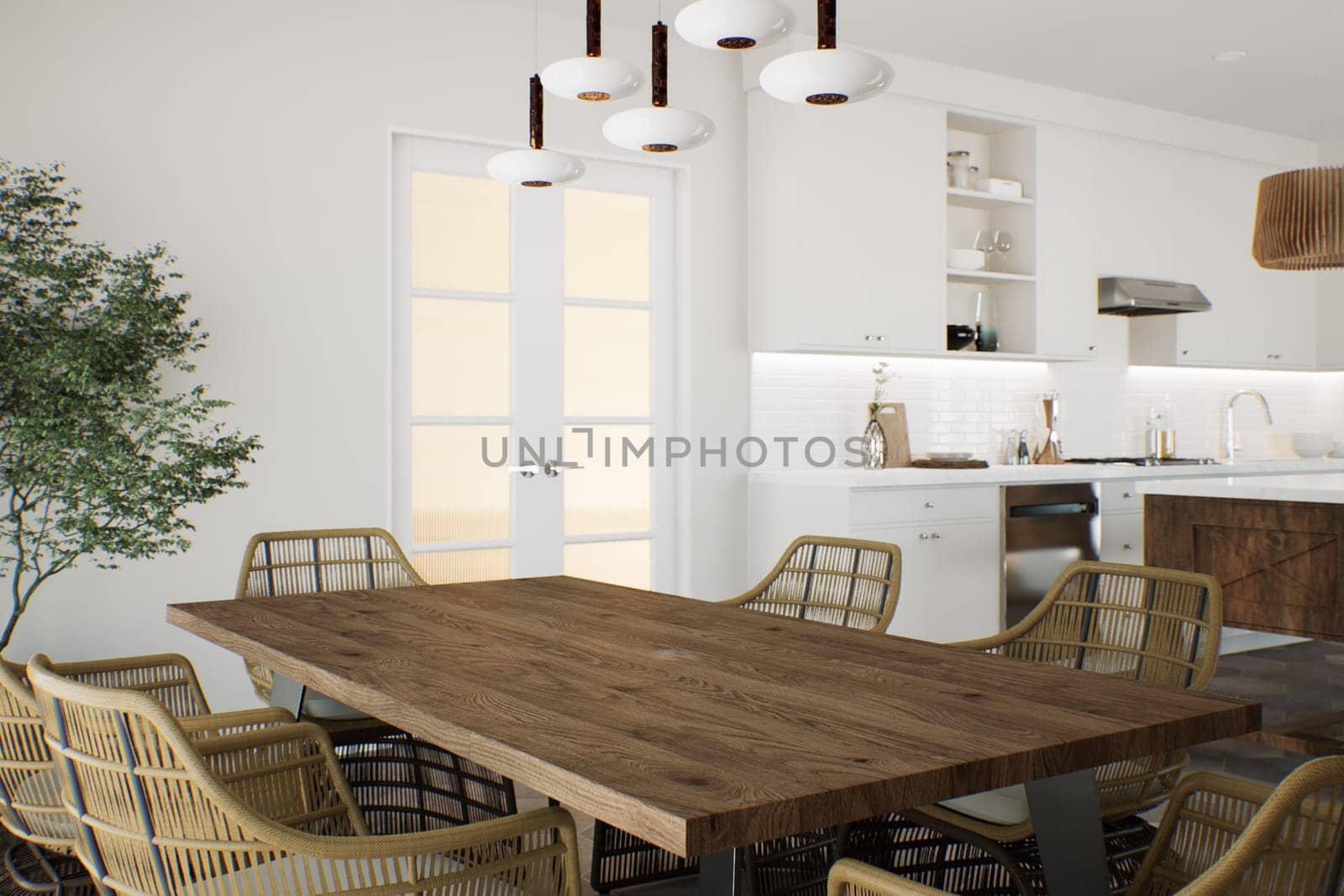 White kitchen with wood island and patterned wood fixtures, kitchen appliances and cookware. Stylish traditional kitchen with dining area. 3D rendering