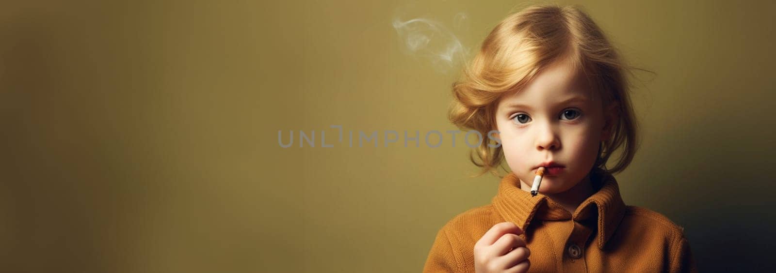 Concept for smoking in front of the child kid. A little child smoking a cigarette. Bad influence concept. Bad habit,health and safety and addiction background copy space by Annebel146