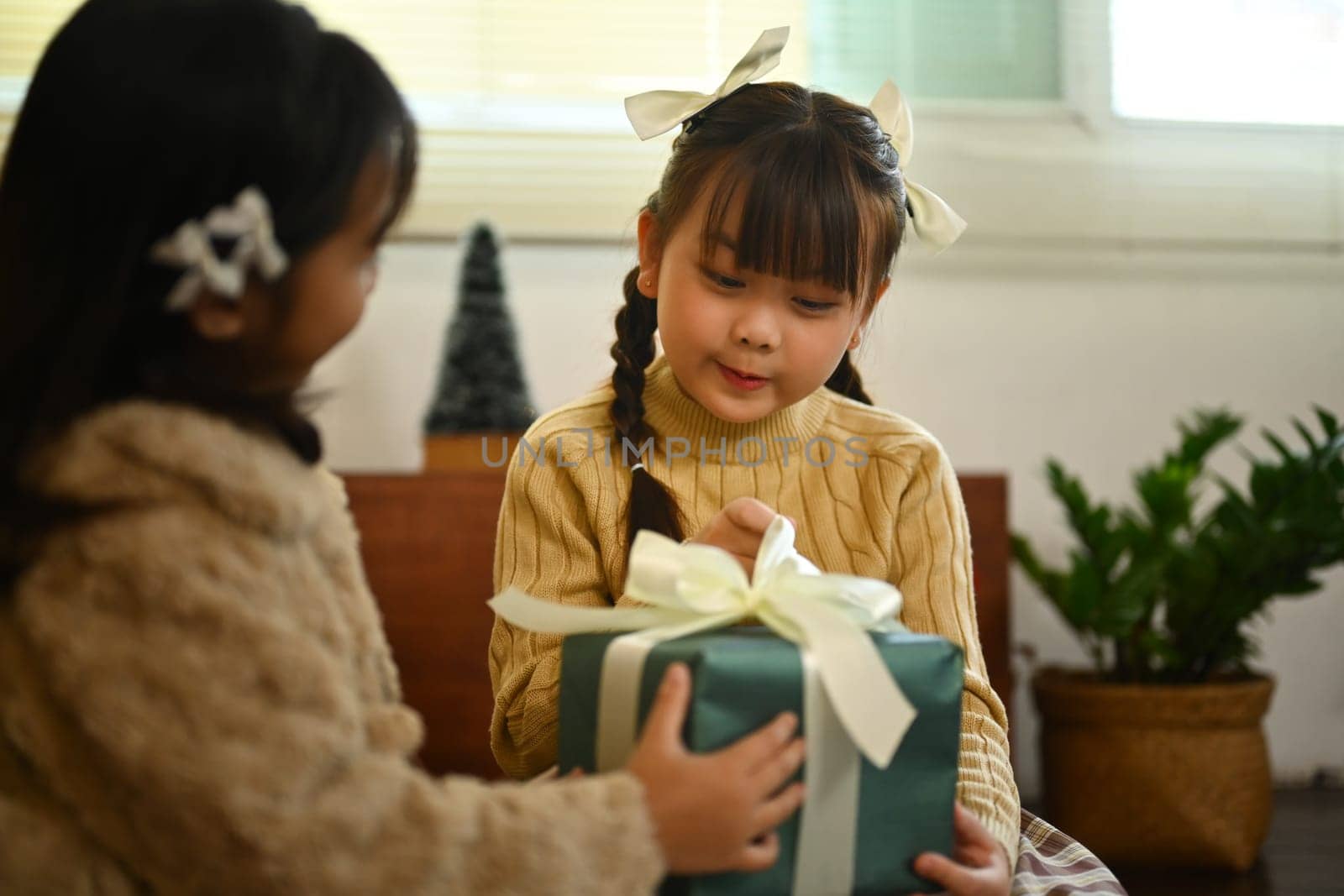 Two sisters exchanging Christmas presents, celebrating on winter holidays together at home.