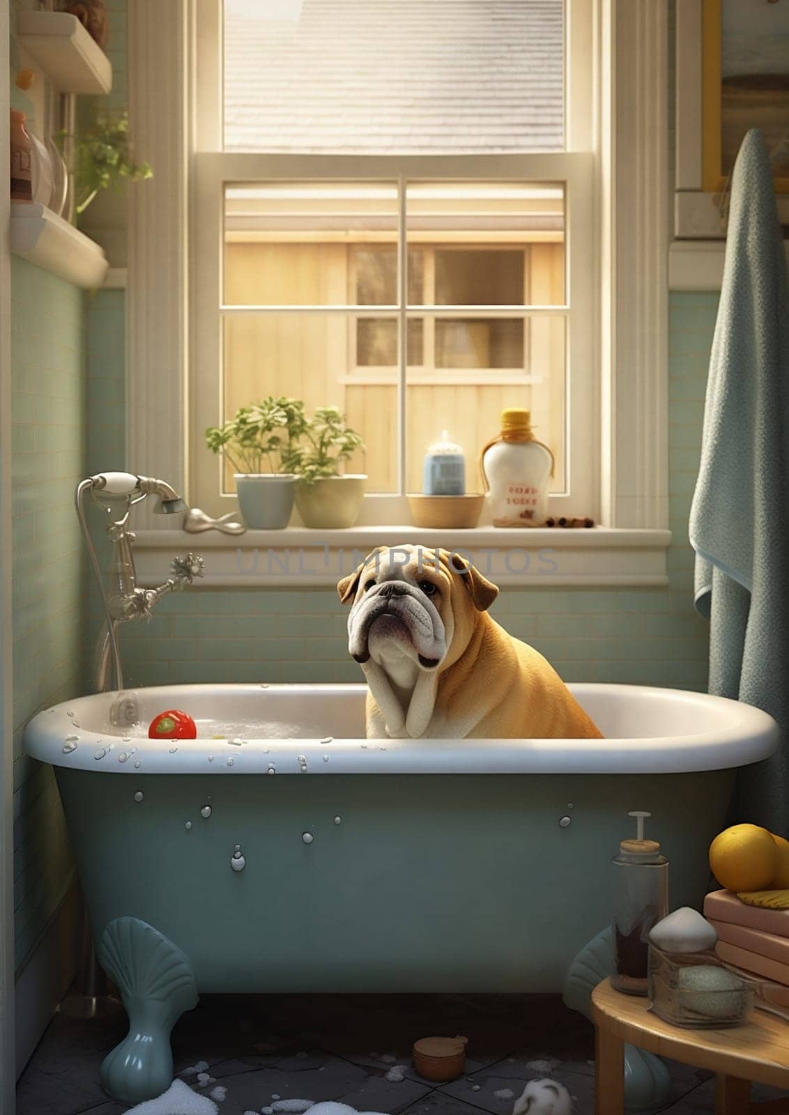 Dog care wash soap towel clean bathroom water bathtub shower shampoo hygiene pet animal wet canine healthy funny cute bath