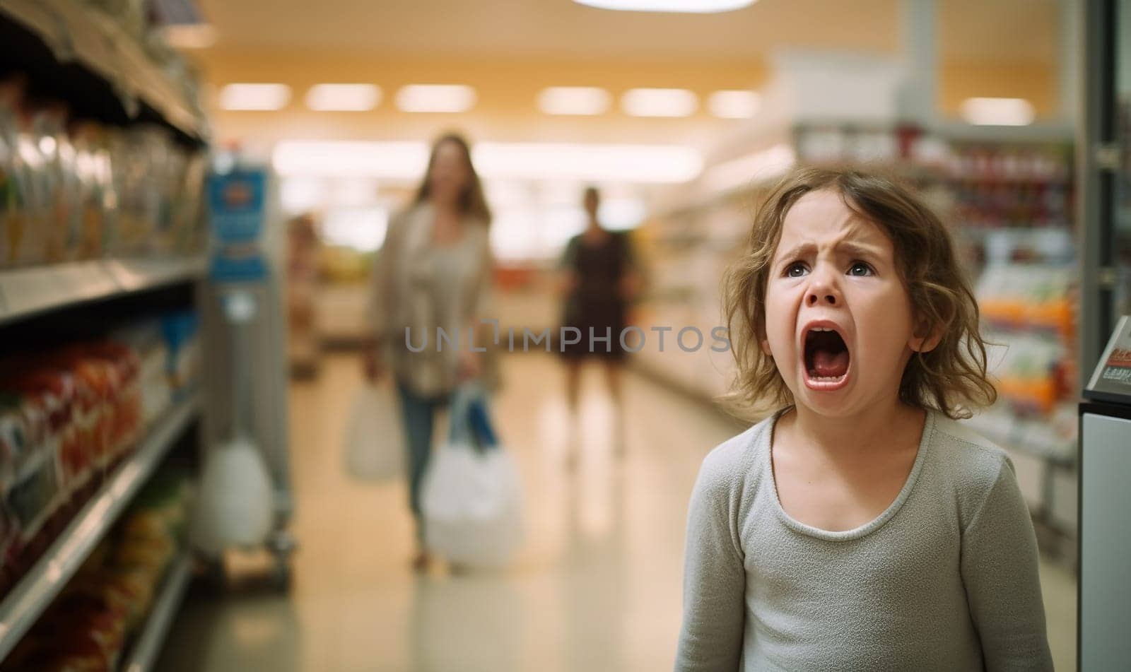 Upset hysterical child crying loudly while manipulating parents and standing against food stall in supermarket. Child misbehave in grocery store copy space Space for text
