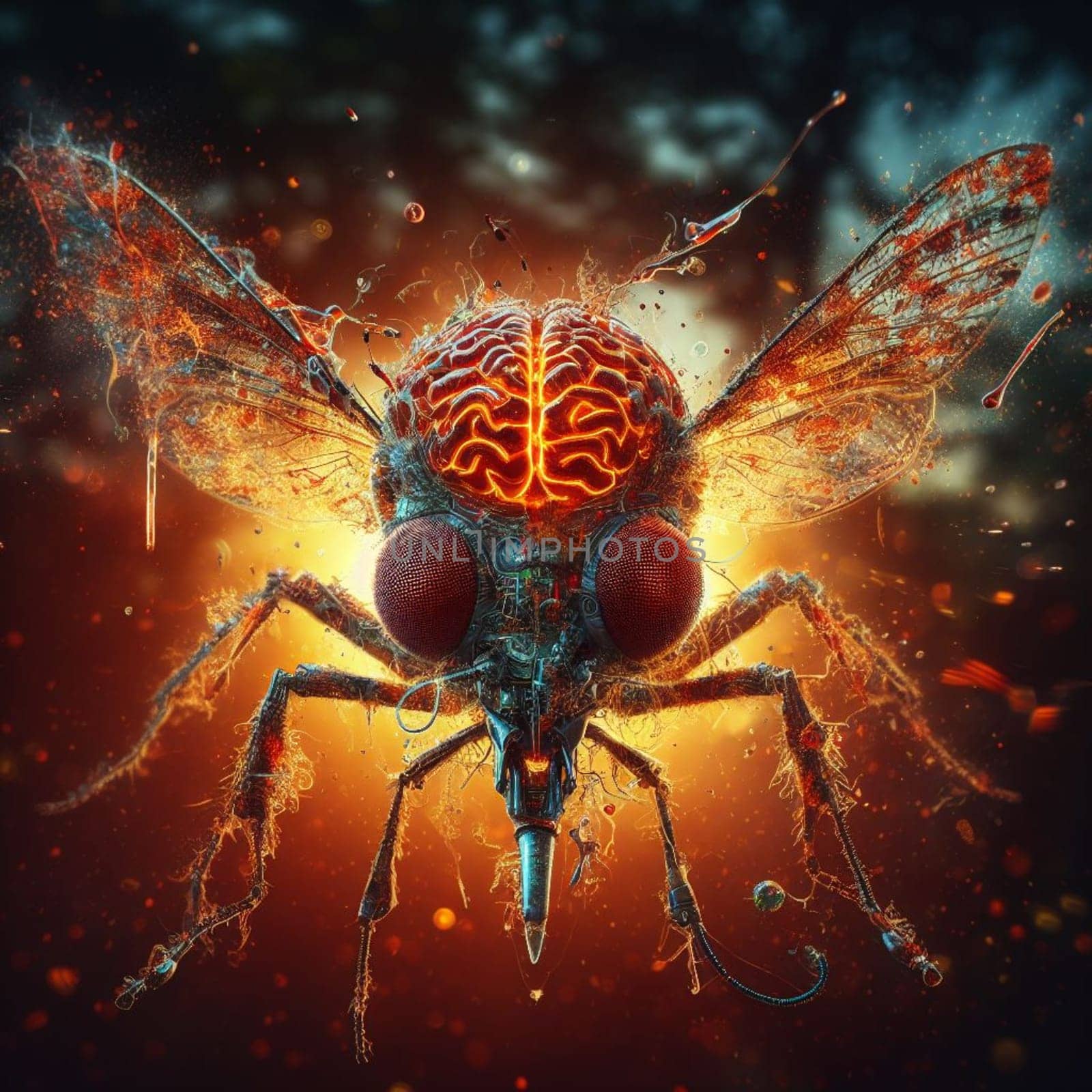 genetically modified macro closeup of nano robot engineered weapon mosquito in action concept design by verbano