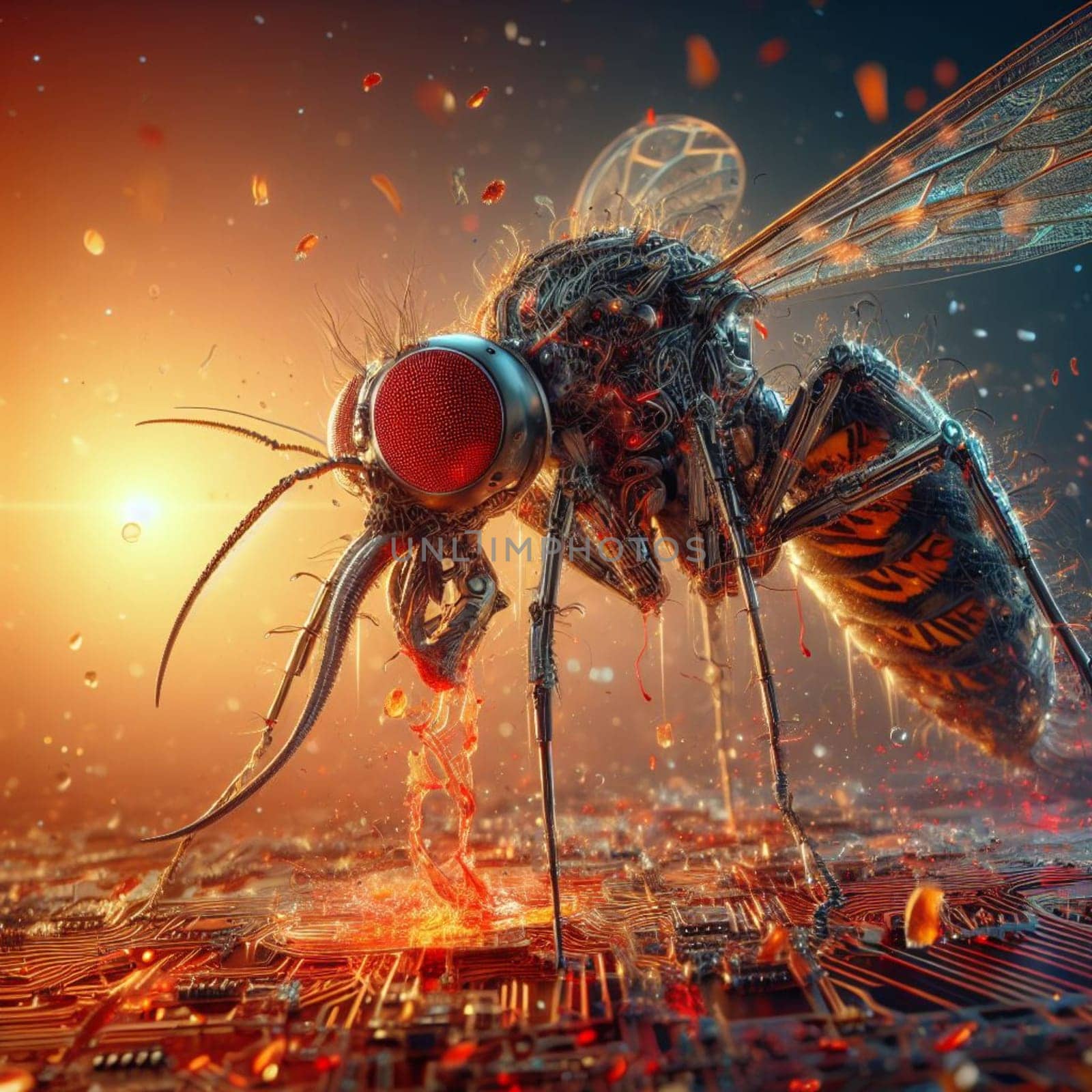 genetically modified macro closeup of nano robot engineered weapon mosquito in action concept design depopulation evil plan generative ai art