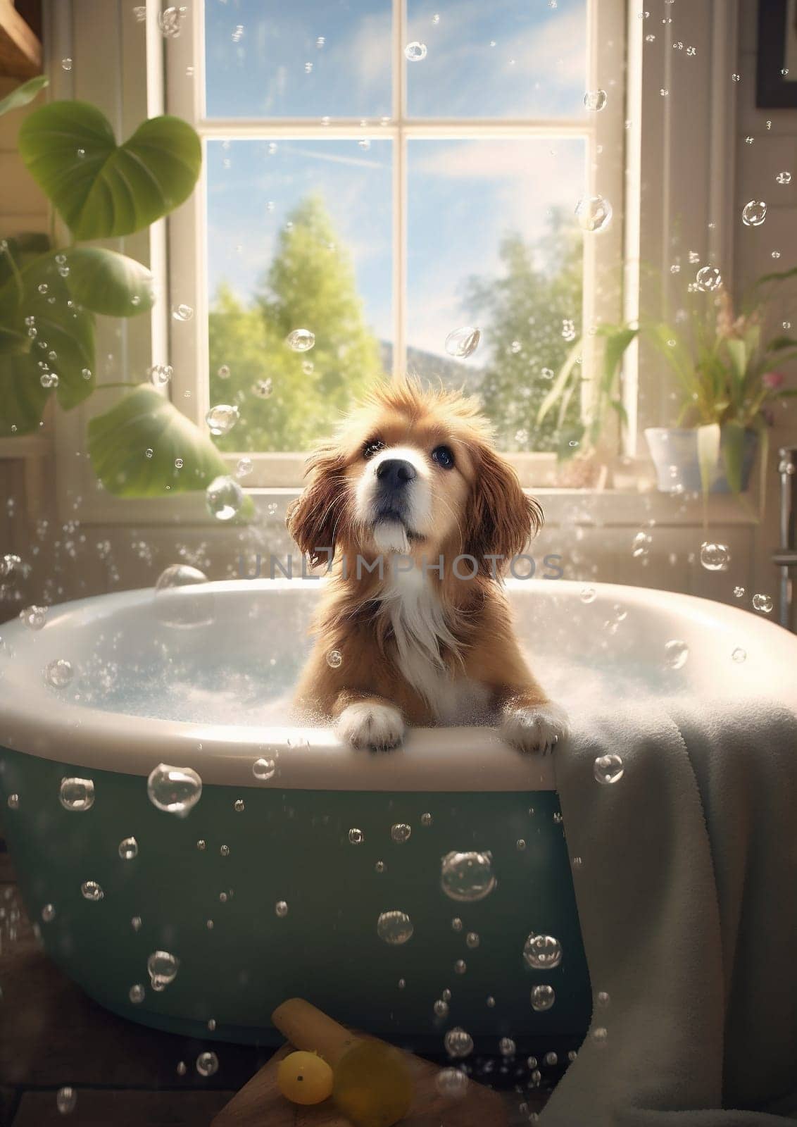 Pet dog bathing wet wash water animal clean puppy bathroom cute shower care funny shampoo hygiene white soap grooming