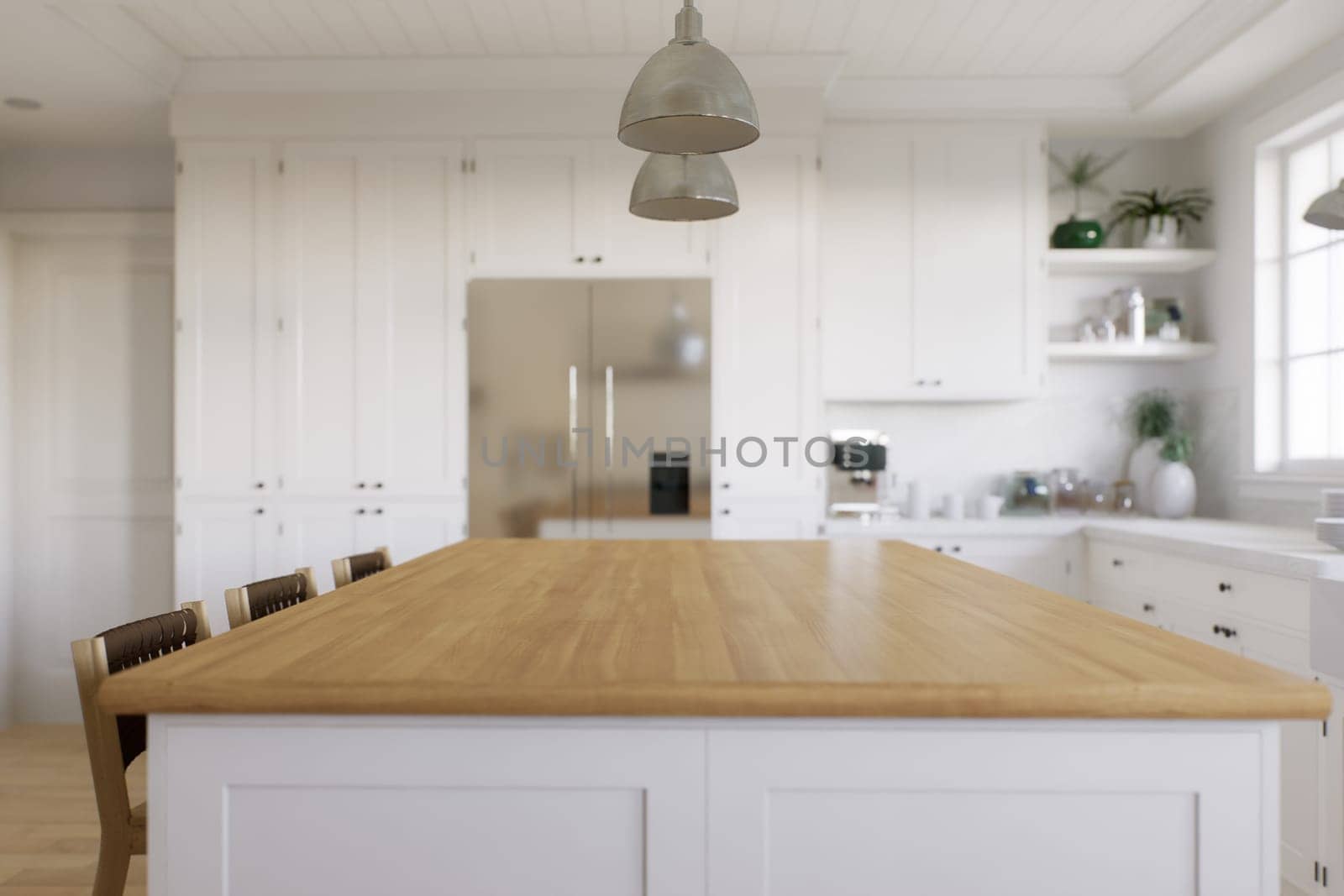 Wooden countertop, empty surface to place your goods, with a blurred kitchen background in the background. by N_Design