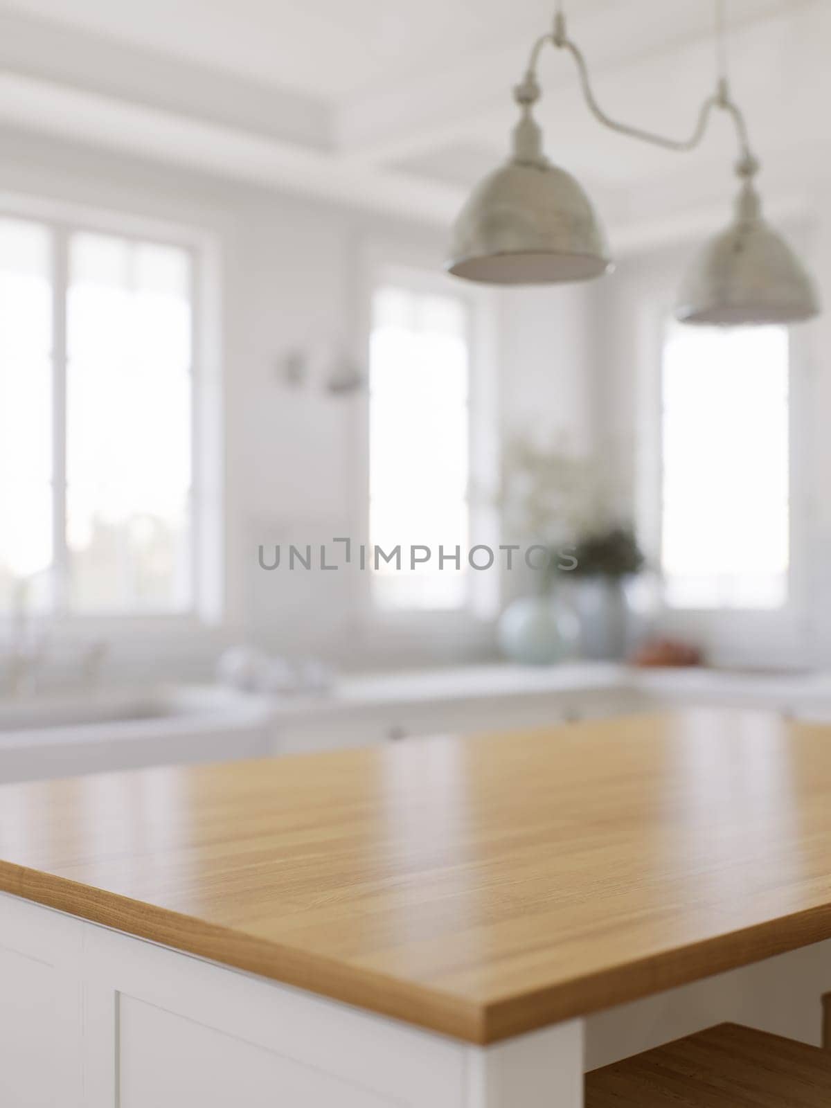 Wooden countertop, empty surface to place your goods, with a blurred kitchen background in the background. by N_Design